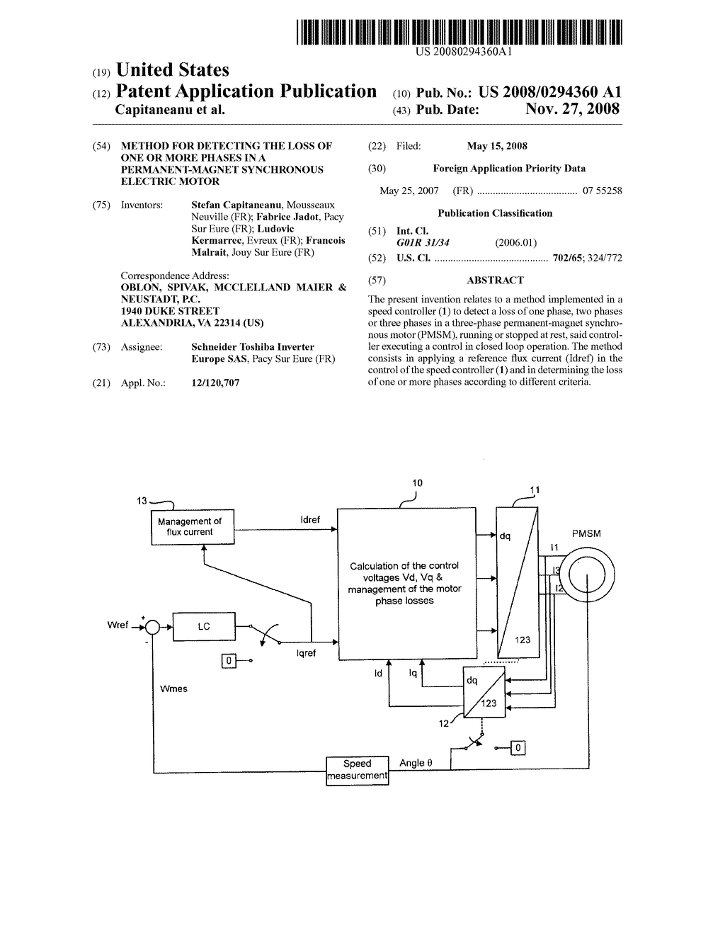 METHOD FOR DETECTING THE LOSS OF ONE OR MORE PHASES IN A PERMANENT-MAGNET SYNCHRONOUS ELECTRIC MOTOR - diagram, schematic, and image 01