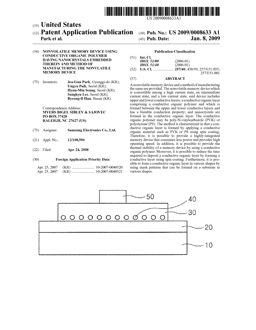 NONVOLATILE MEMORY DEVICE USING CONDUCTIVE ORGANIC POLYMER HAVING NANOCRYSTALS EMBEDDED THEREIN AND METHOD OF MANUFACTURING THE NONVLATILE MEMORY DEVICE - diagram, schematic, and image 01