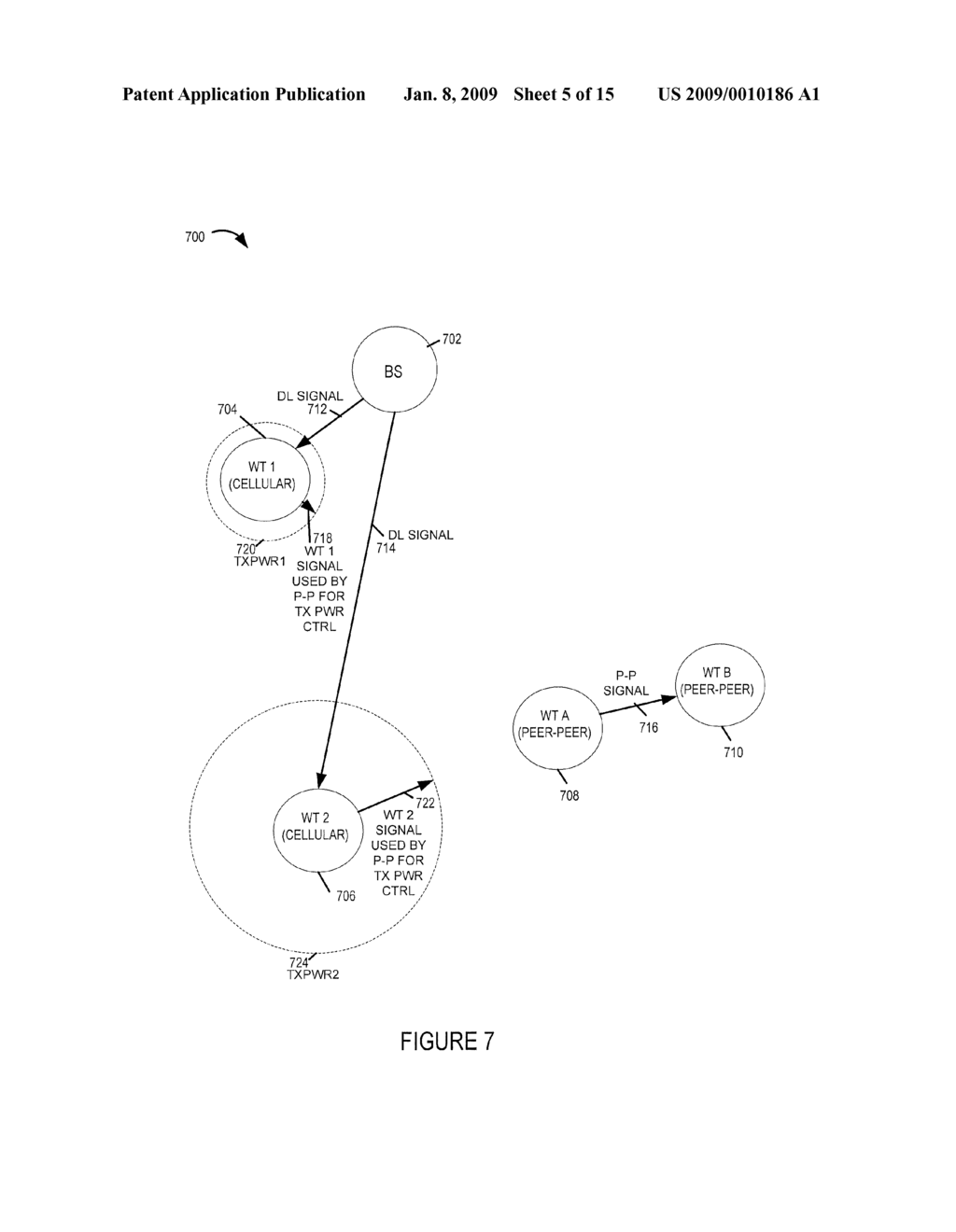 METHODS AND APPARATUS RELATED TO INTERFERENCE MANAGEMENT WHEN SHARING DOWNLINK BANDWIDTH BETWEEN WIDE AREA NETWORK USAGE AND PEER TO PEER SIGNALING - diagram, schematic, and image 06