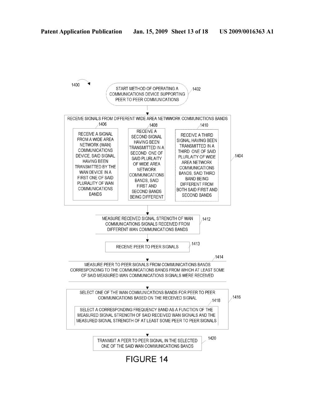 METHODS AND APPARATUS FOR SELECTING AND/OR USING A COMMUNICATIONS BAND FOR PEER TO PEER SIGNALING - diagram, schematic, and image 14