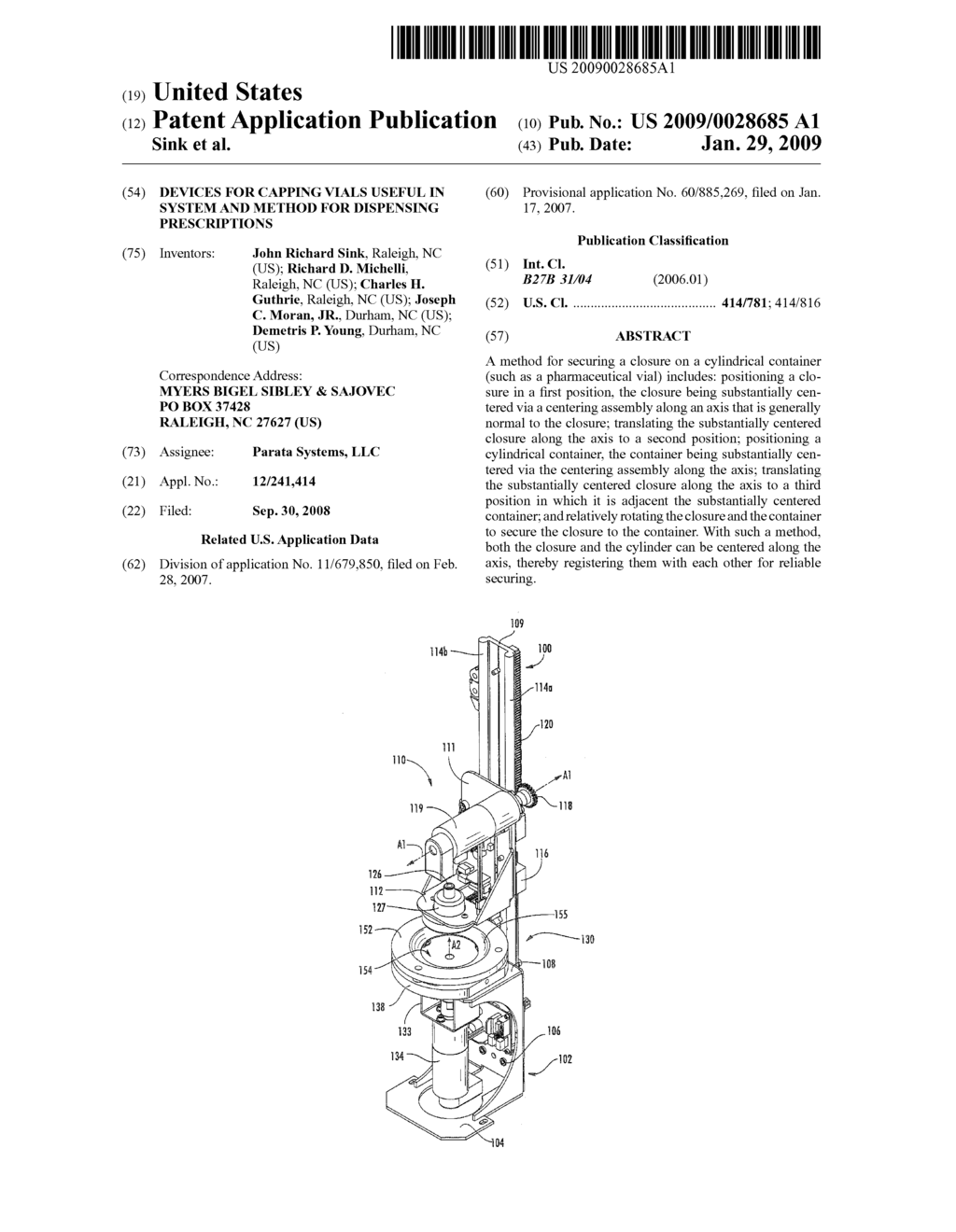 DEVICES FOR CAPPING VIALS USEFUL IN SYSTEM AND METHOD FOR DISPENSING PRESCRIPTIONS - diagram, schematic, and image 01