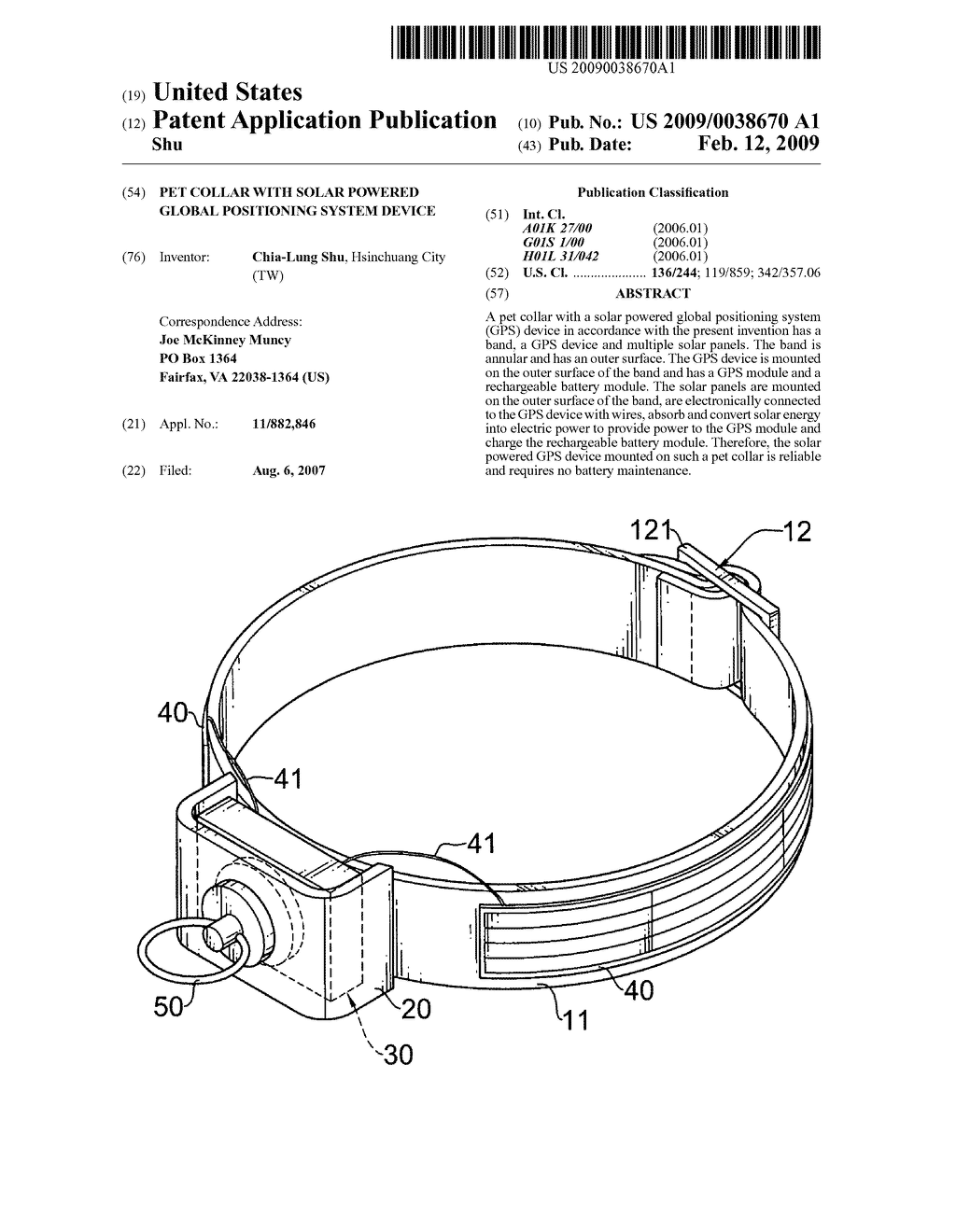 Pet collar with solar powered global positioning system device - diagram, schematic, and image 01