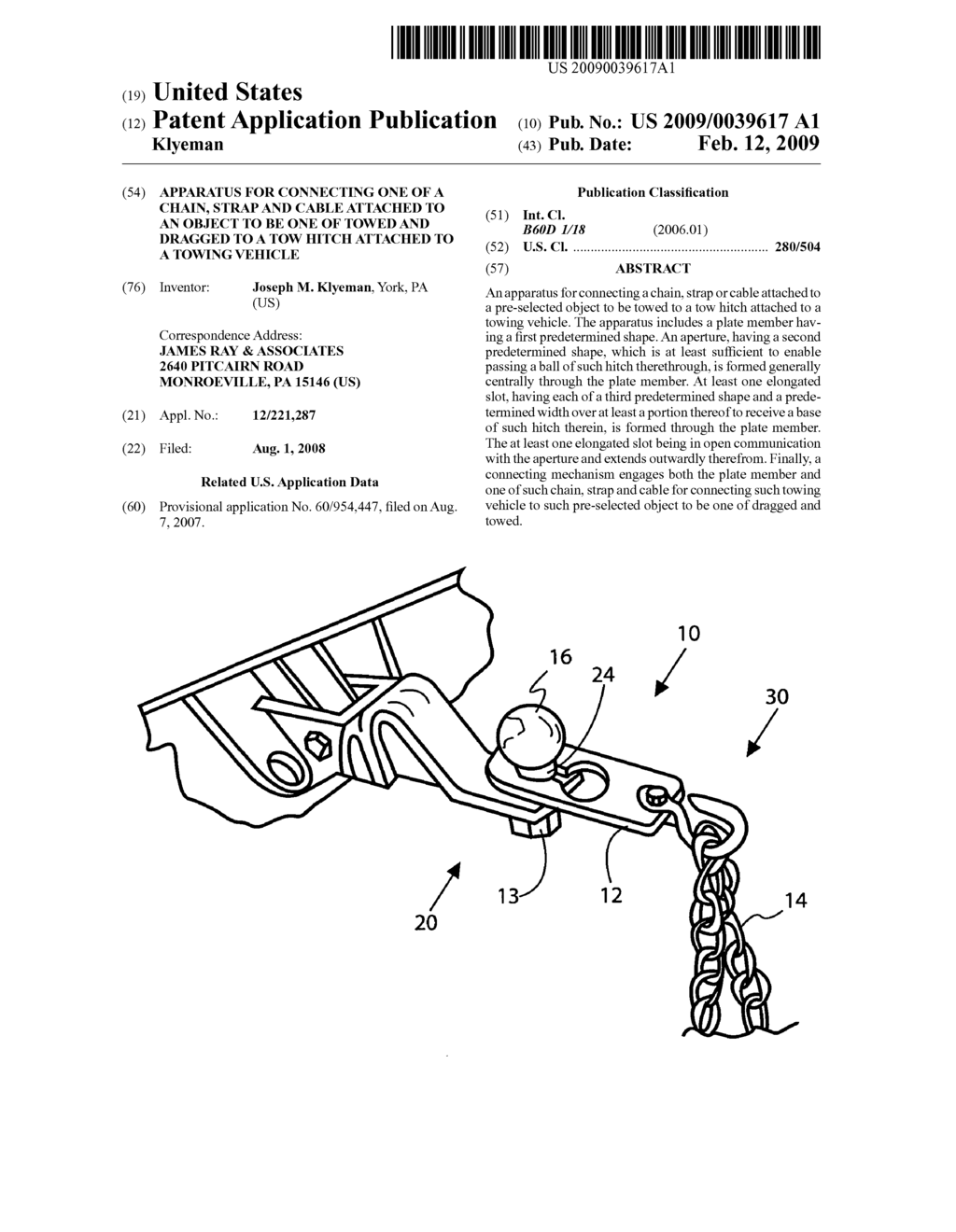 Apparatus for connecting one of a chain, strap and cable attached to an object to be one of towed and dragged to a tow hitch attached to a towing vehicle - diagram, schematic, and image 01