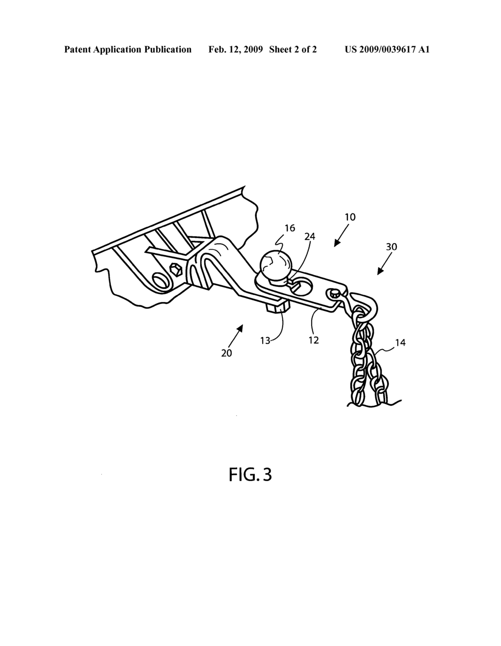 Apparatus for connecting one of a chain, strap and cable attached to an object to be one of towed and dragged to a tow hitch attached to a towing vehicle - diagram, schematic, and image 03