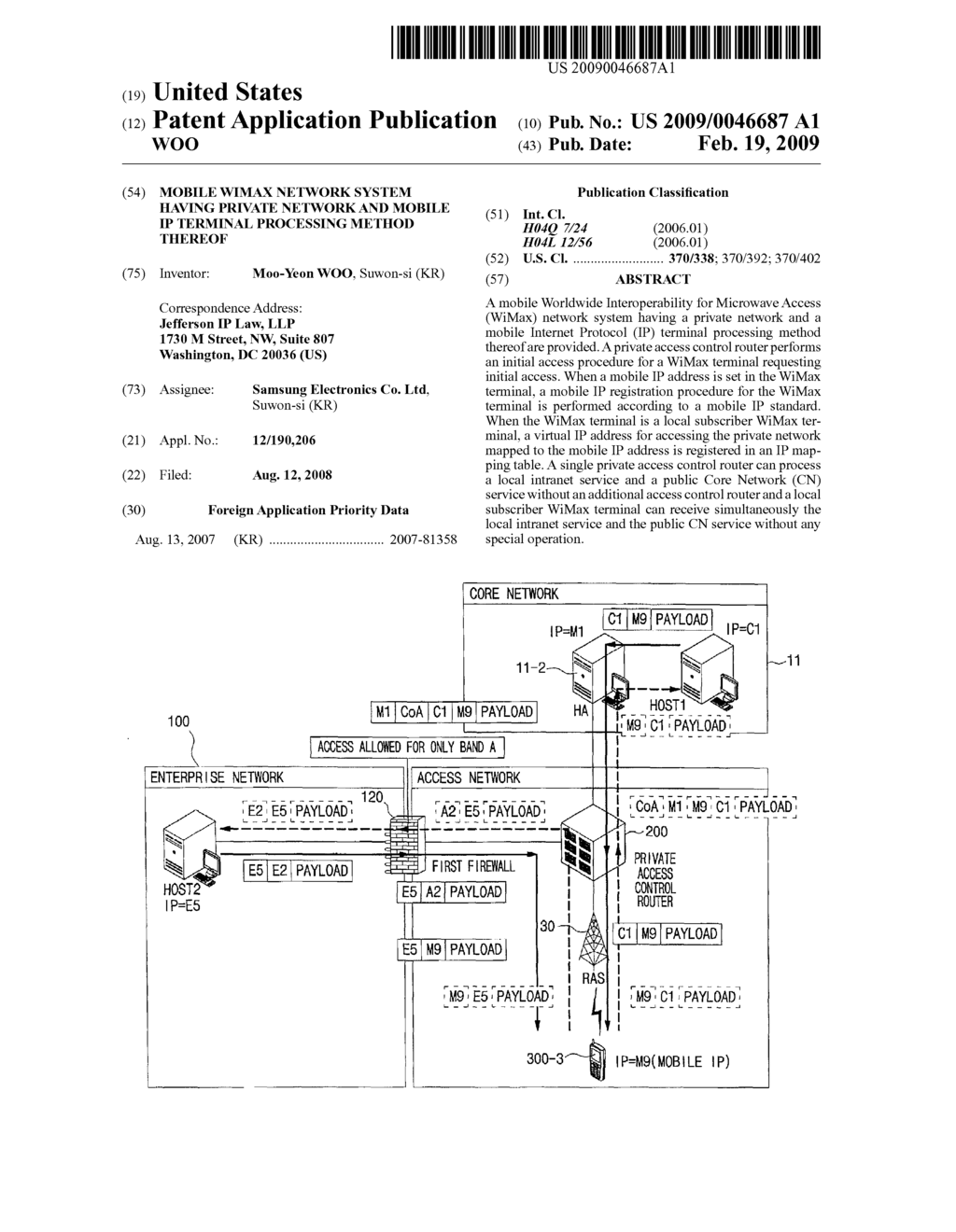 MOBILE WIMAX NETWORK SYSTEM HAVING PRIVATE NETWORK AND MOBILE IP TERMINAL PROCESSING METHOD THEREOF - diagram, schematic, and image 01