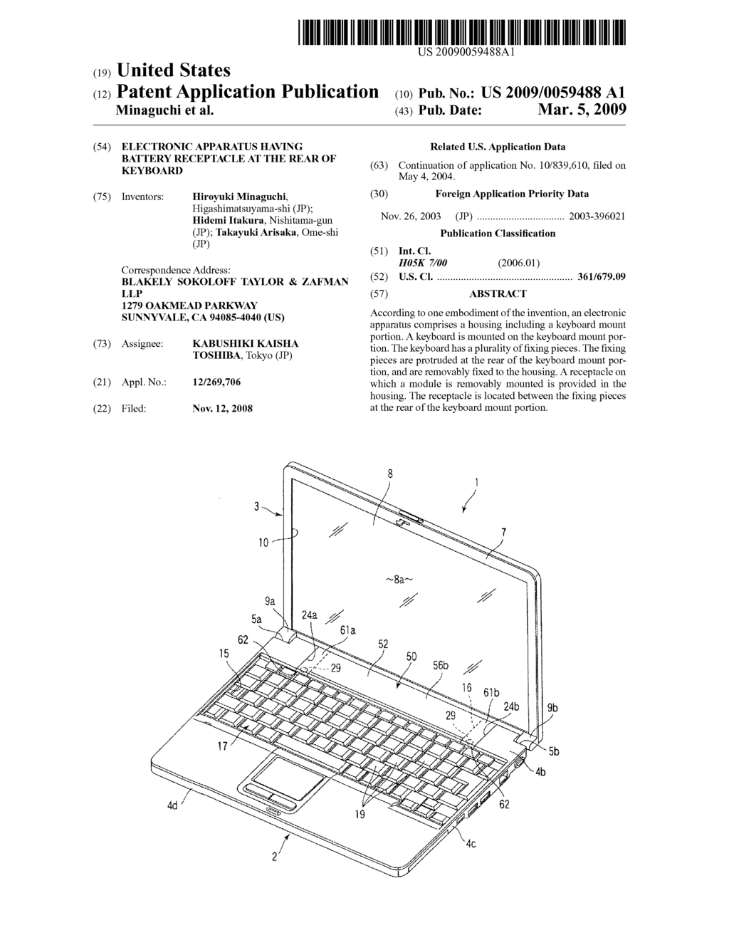 ELECTRONIC APPARATUS HAVING BATTERY RECEPTACLE AT THE REAR OF KEYBOARD - diagram, schematic, and image 01