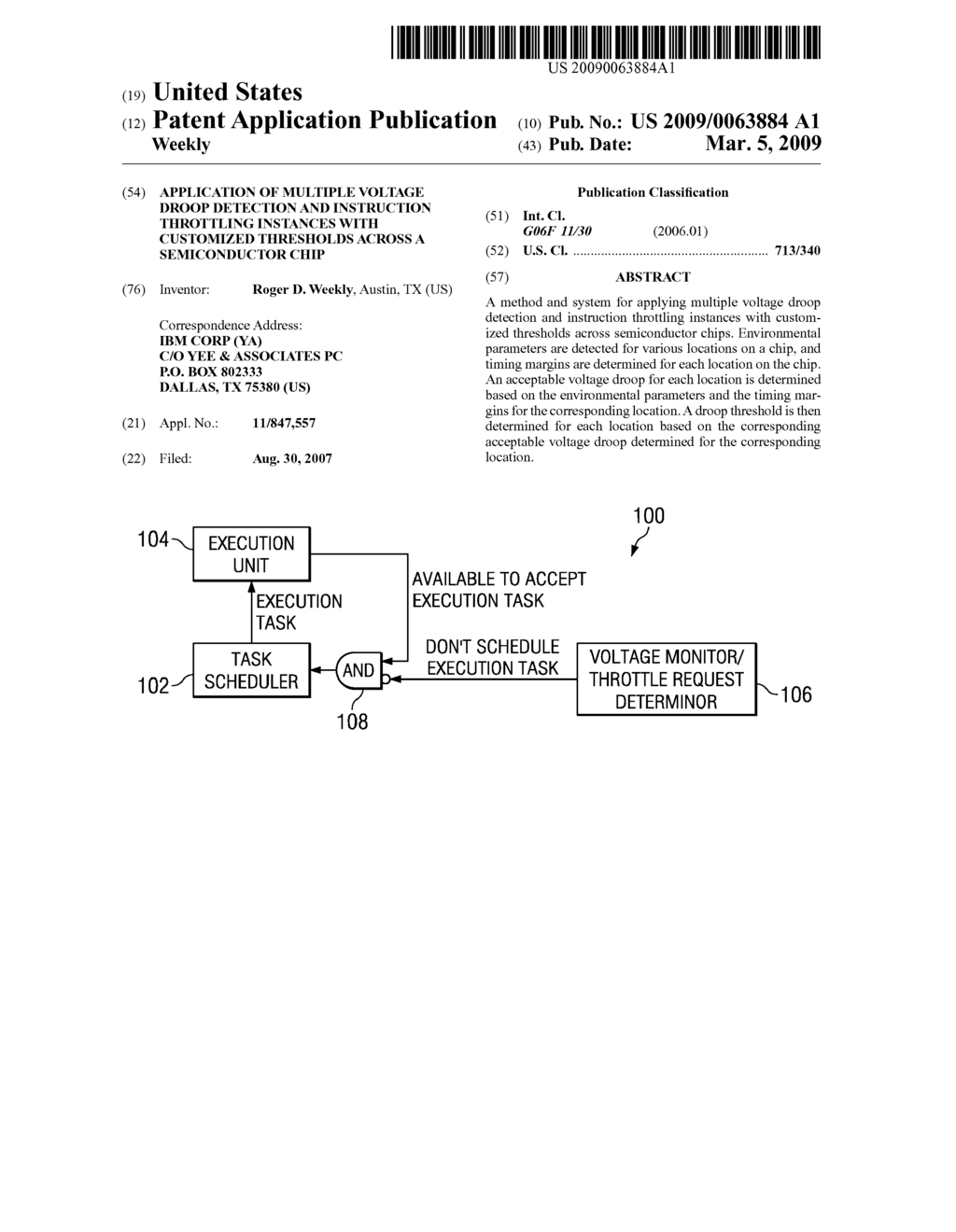 Application of Multiple Voltage Droop Detection and Instruction Throttling Instances with Customized Thresholds Across a Semiconductor Chip - diagram, schematic, and image 01