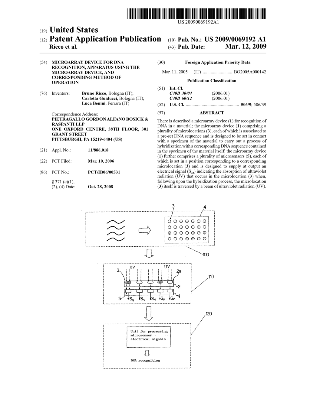 Microarray device for DNA recognition, apparatus using the microarray device, and corresponding method of operation - diagram, schematic, and image 01