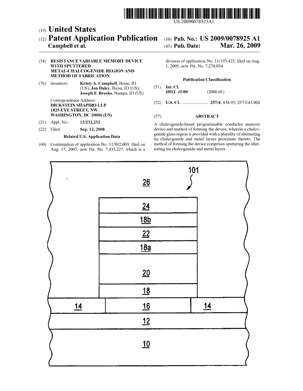 Resistance variable memory device with sputtered metal-chalcogenide region and method of fabrication - diagram, schematic, and image 01