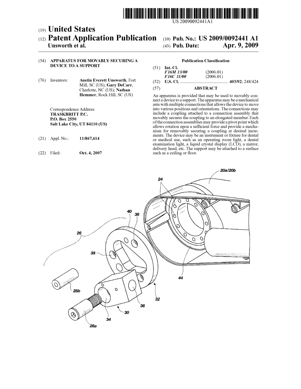 APPARATUS FOR MOVABLY SECURING A DEVICE TO A SUPPORT - diagram, schematic, and image 01