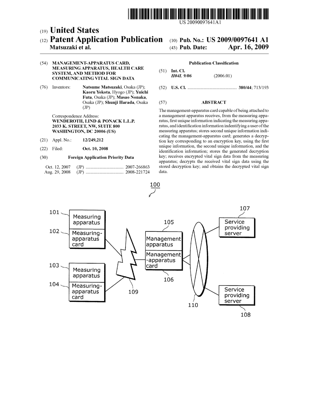 MANAGEMENT-APPARATUS CARD, MEASURING APPARATUS, HEALTH CARE SYSTEM, AND METHOD FOR COMMUNICATING VITAL SIGN DATA - diagram, schematic, and image 01