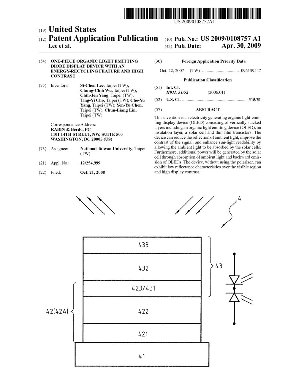 ONE-PIECE ORGANIC LIGHT EMITTING DIODE DISPLAY DEVICE WITH AN ENERGY-RECYCLING FEATURE AND HIGH CONTRAST - diagram, schematic, and image 01