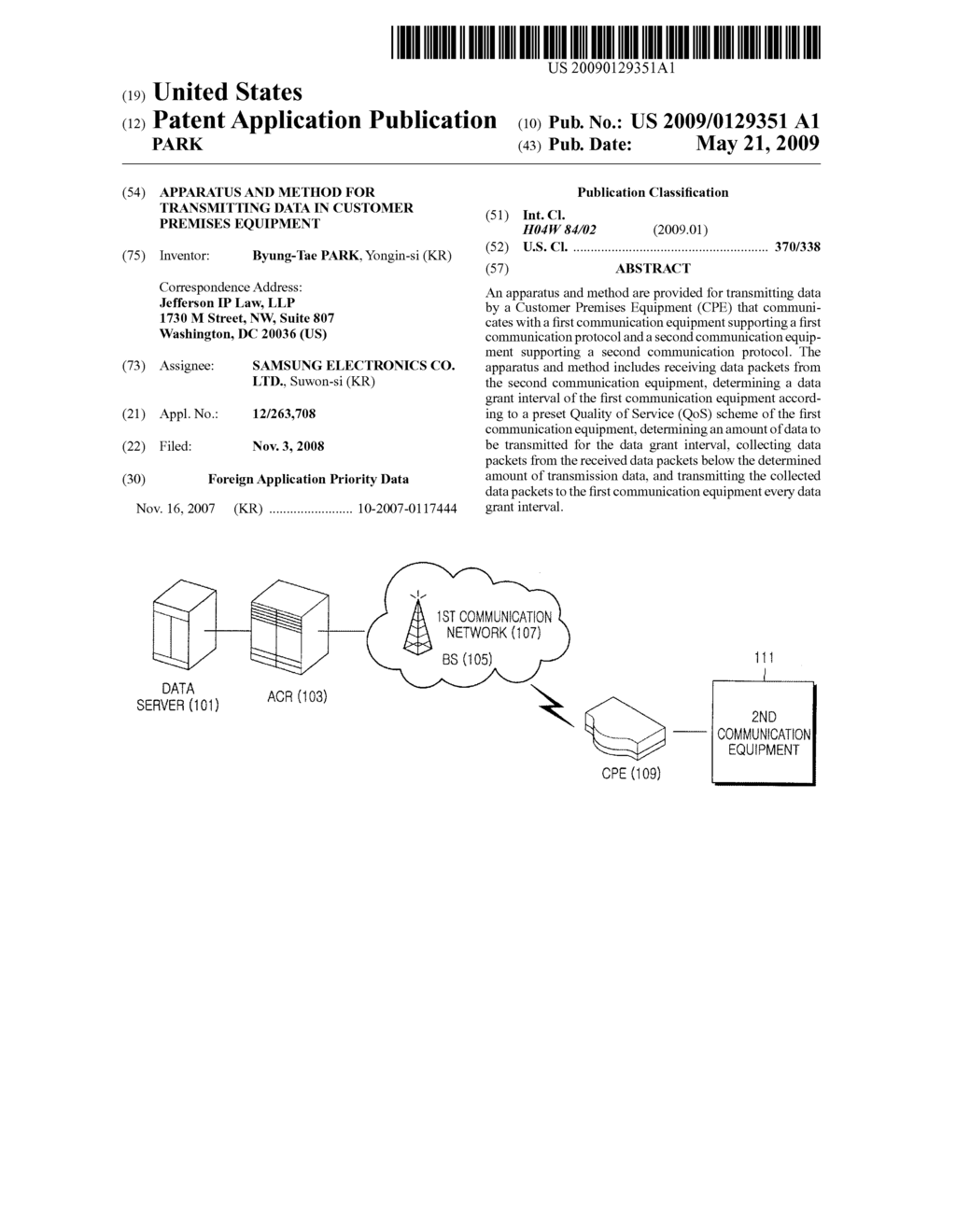 APPARATUS AND METHOD FOR TRANSMITTING DATA IN CUSTOMER PREMISES EQUIPMENT - diagram, schematic, and image 01