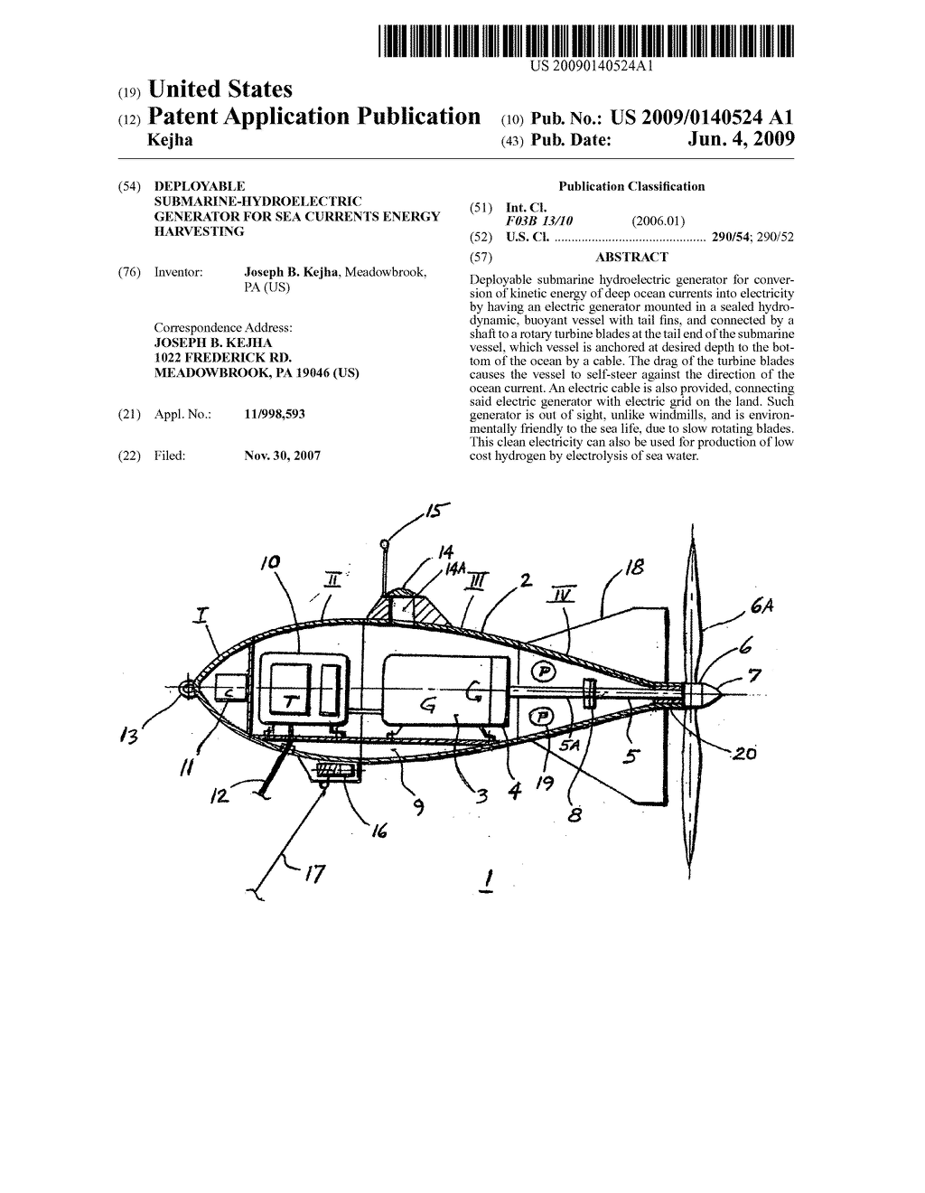 Deployable submarine-hydroelectric generator for sea currents energy harvesting - diagram, schematic, and image 01