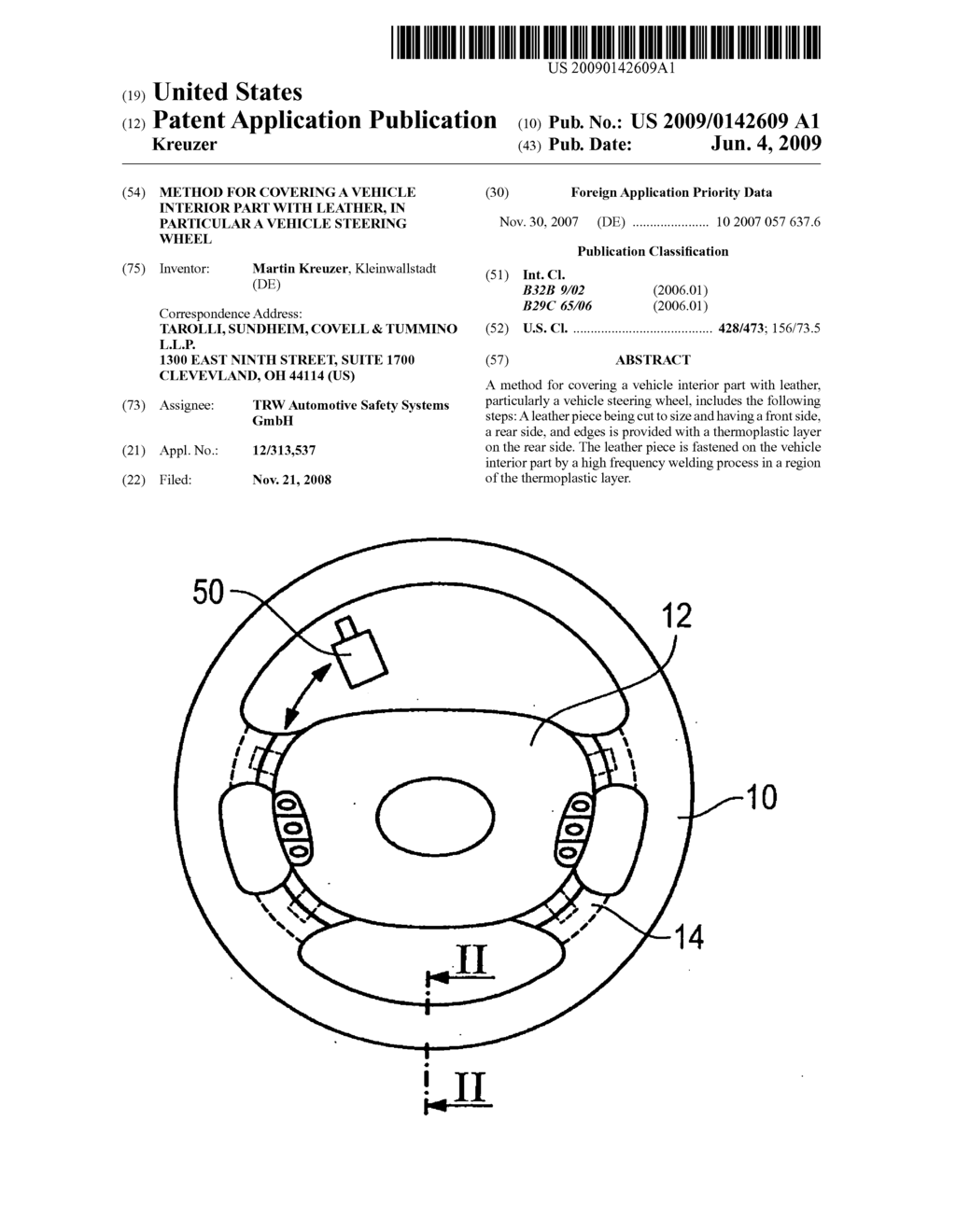 Method for covering a vehicle interior part with leather, in particular a vehicle steering wheel - diagram, schematic, and image 01