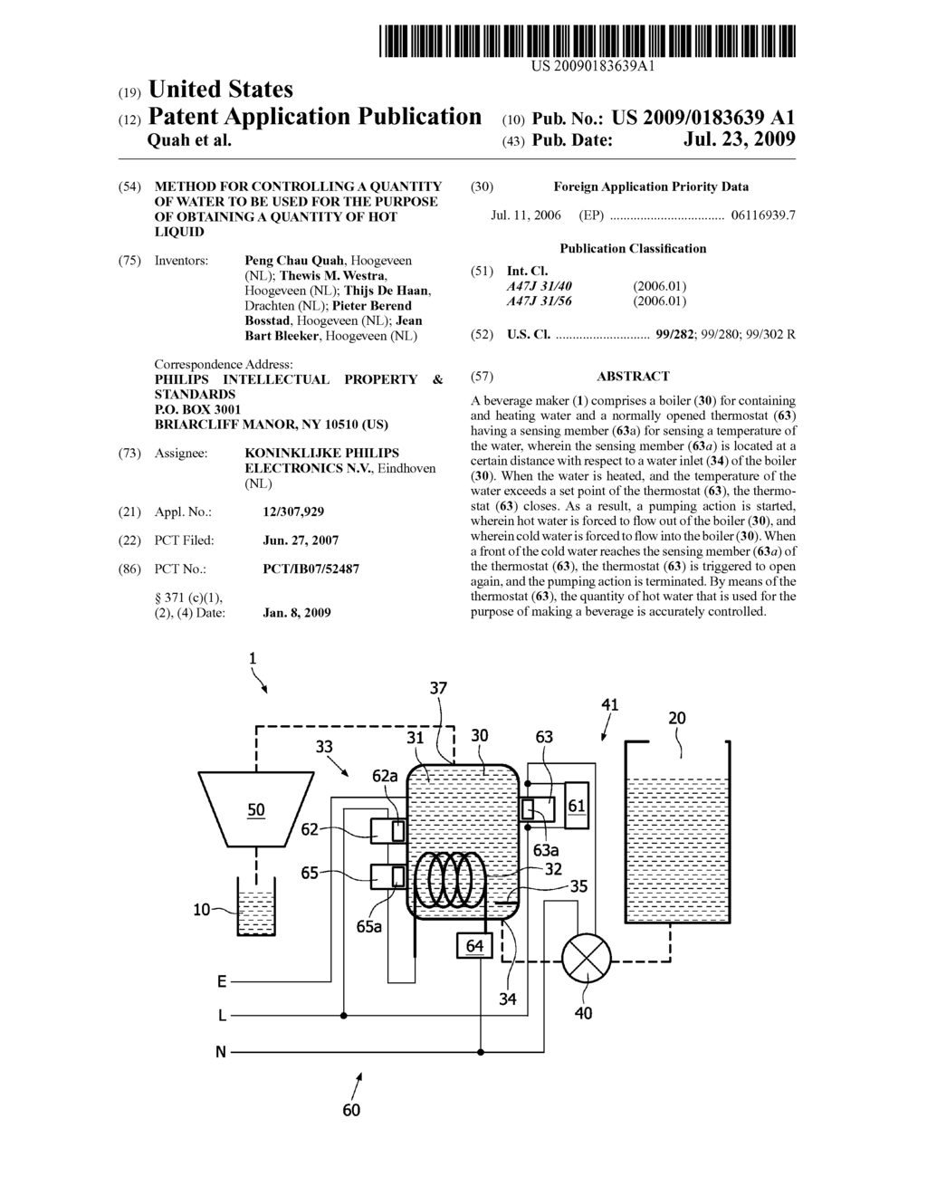 METHOD FOR CONTROLLING A QUANTITY OF WATER TO BE USED FOR THE PURPOSE OF OBTAINING A QUANTITY OF HOT LIQUID - diagram, schematic, and image 01