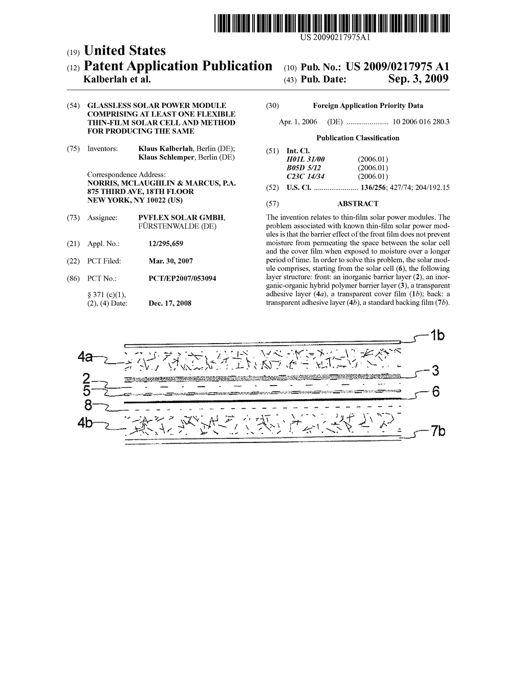 Glassless Solar Power Module Comprising at Least One Flexible Thin-Film Solar Cell and Method for Producing the Same - diagram, schematic, and image 01