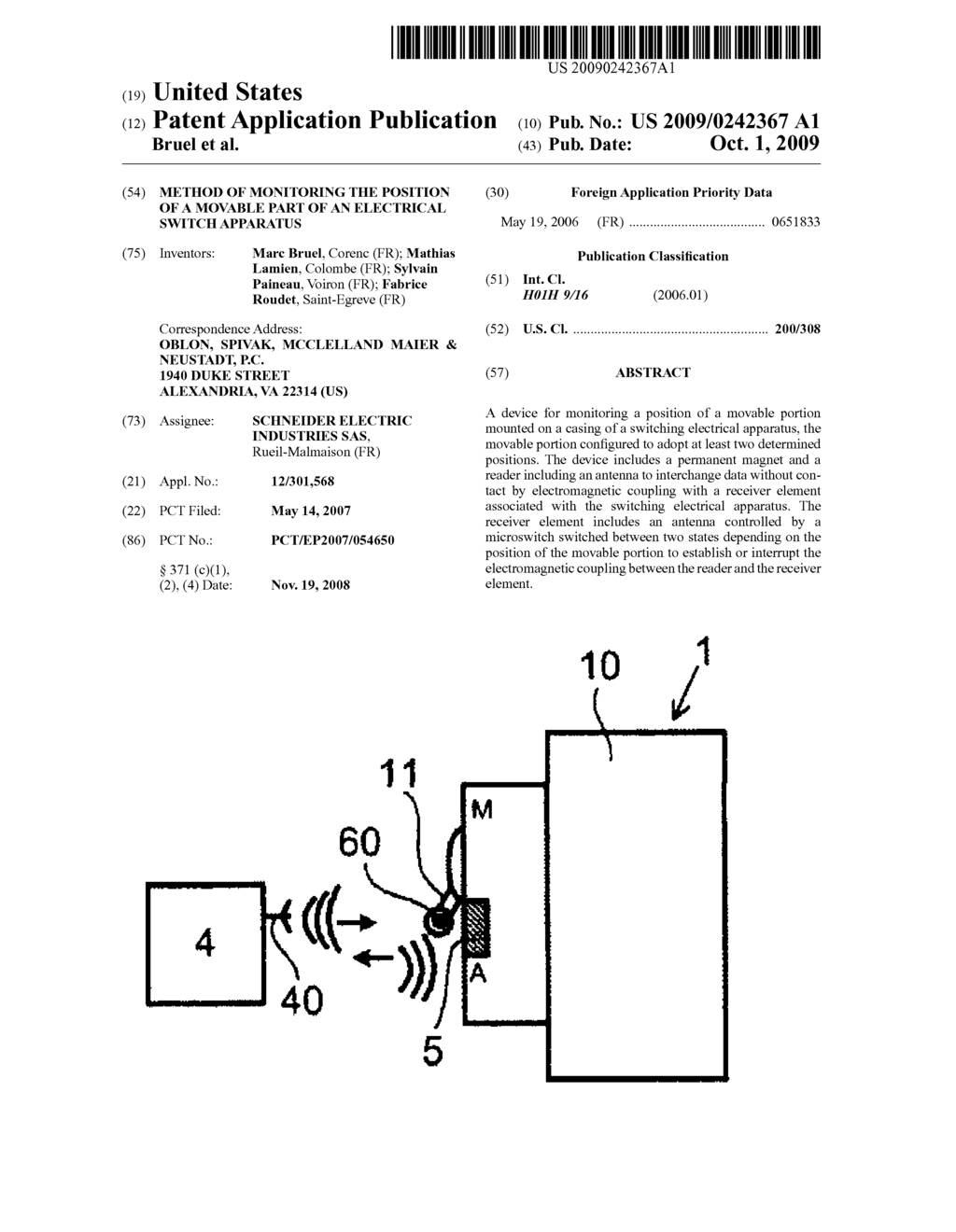 METHOD OF MONITORING THE POSITION OF A MOVABLE PART OF AN ELECTRICAL SWITCH APPARATUS - diagram, schematic, and image 01