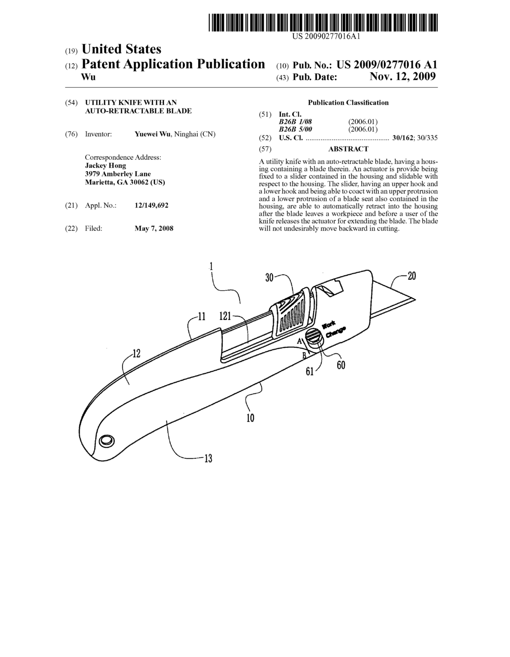 Utility knife with an auto-retractable blade - diagram, schematic, and image 01