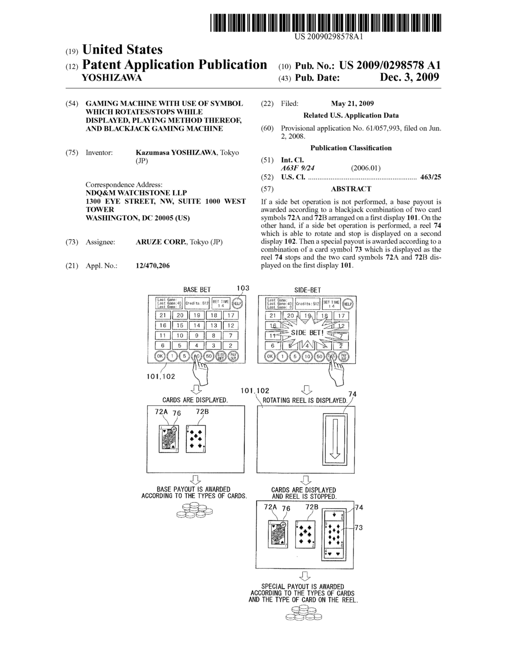 Gaming Machine With Use Of Symbol Which Rotates/Stops While Displayed, Playing Method Thereof, And Blackjack Gaming Machine - diagram, schematic, and image 01