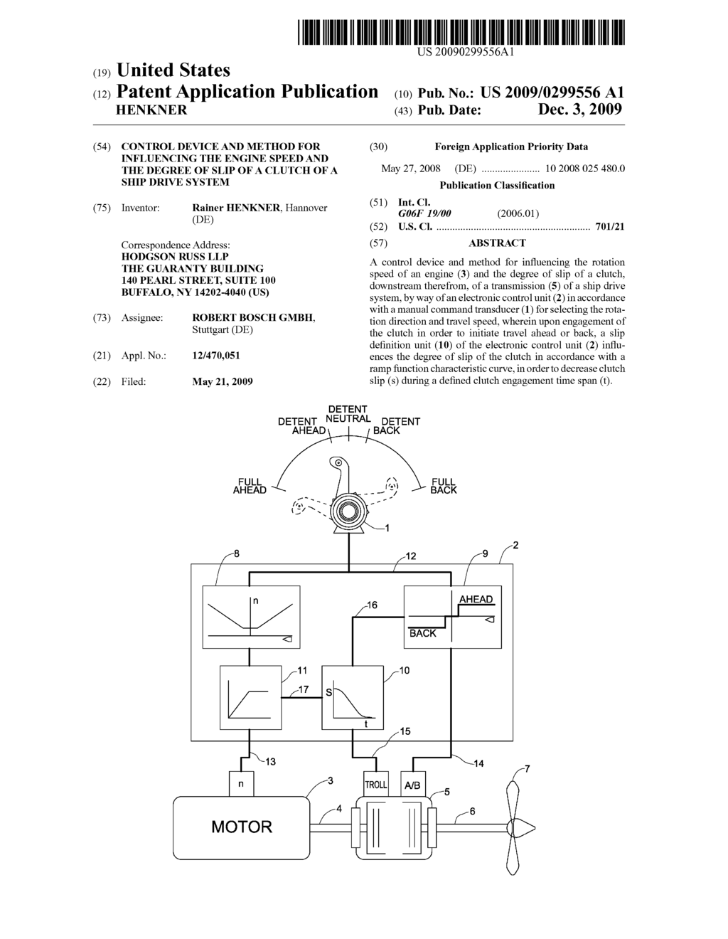 CONTROL DEVICE AND METHOD FOR INFLUENCING THE ENGINE SPEED AND THE DEGREE OF SLIP OF A CLUTCH OF A SHIP DRIVE SYSTEM - diagram, schematic, and image 01