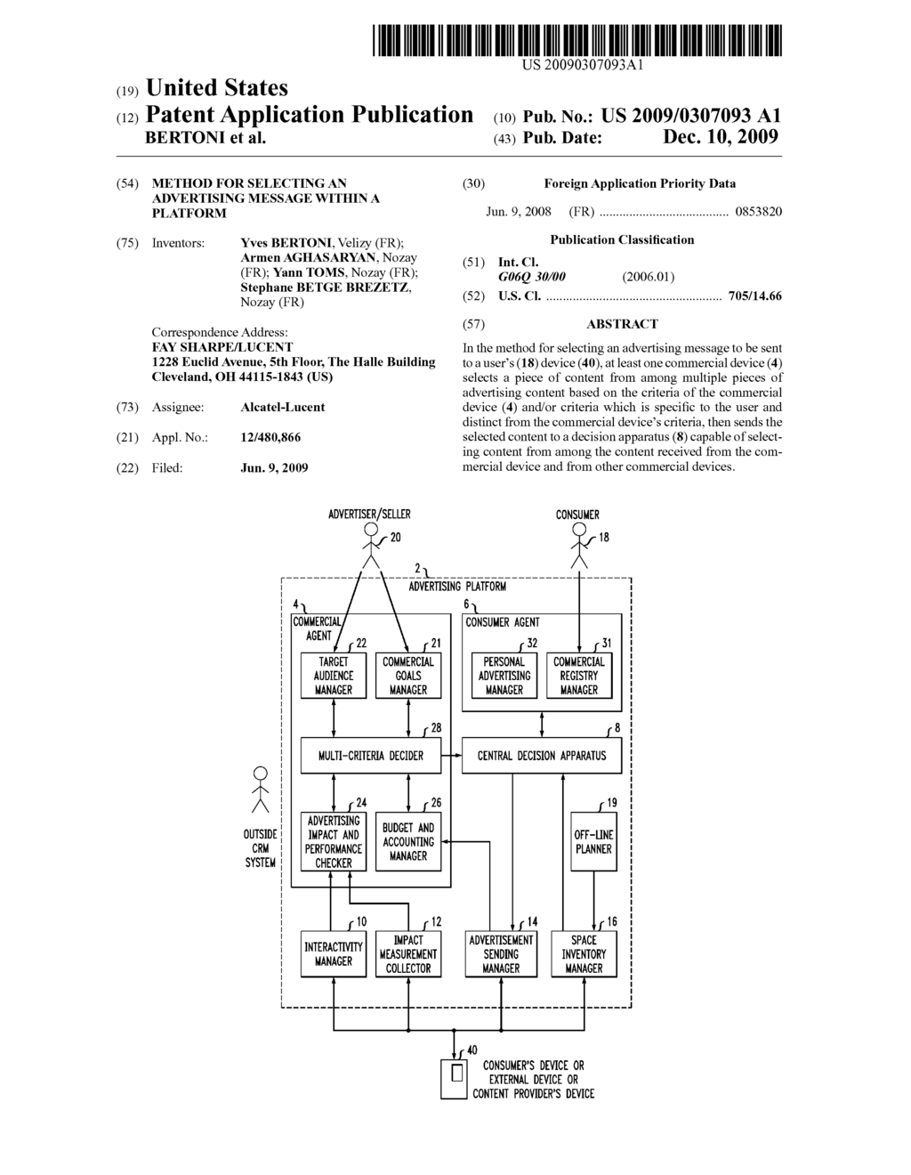 METHOD FOR SELECTING AN ADVERTISING MESSAGE WITHIN A PLATFORM - diagram, schematic, and image 01