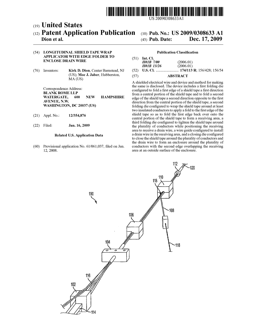 LONGITUDINAL SHIELD TAPE WRAP APPLICATOR WITH EDGE FOLDER TO ENCLOSE DRAIN WIRE - diagram, schematic, and image 01