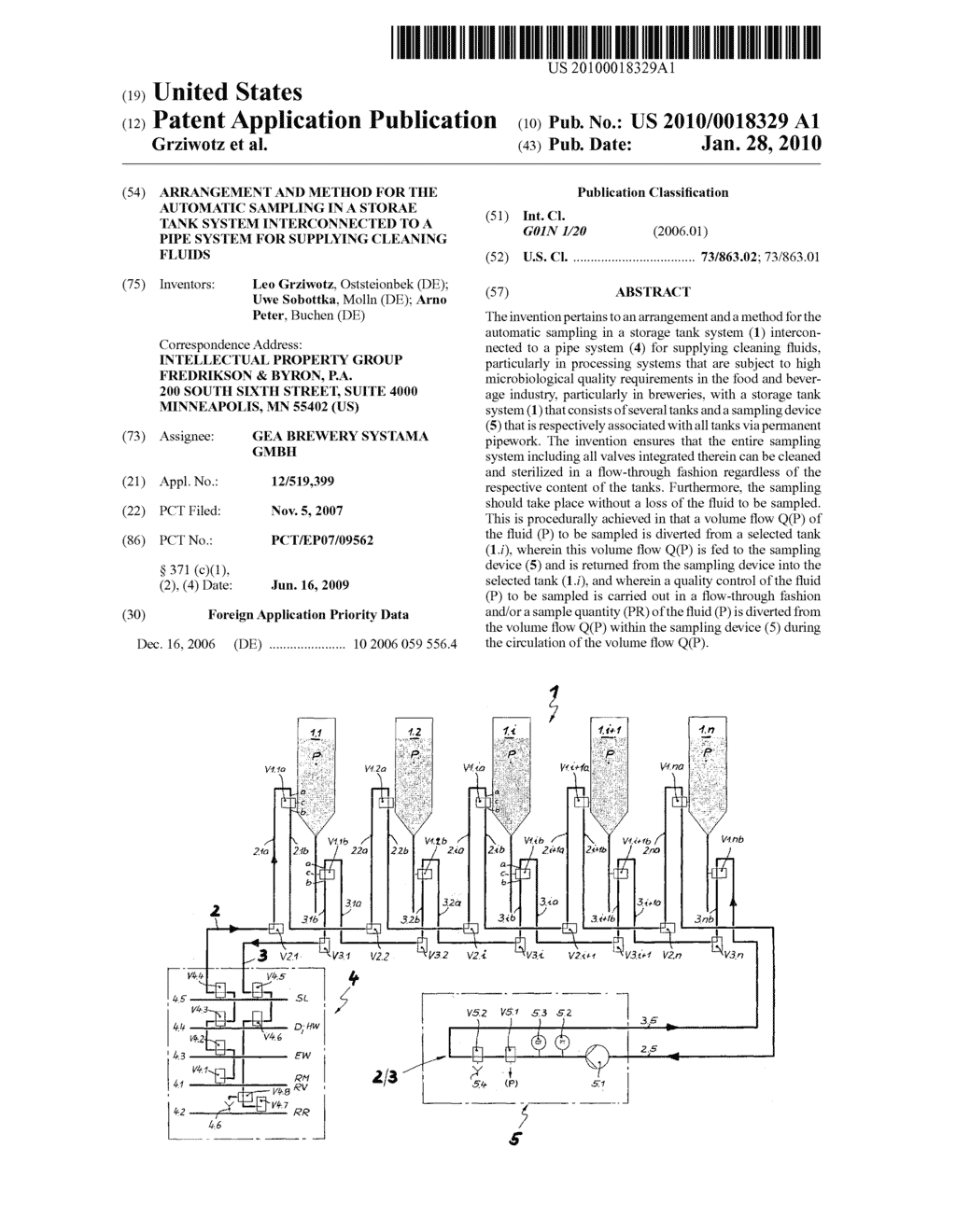 ARRANGEMENT AND METHOD FOR THE AUTOMATIC SAMPLING IN A STORAE TANK SYSTEM INTERCONNECTED TO A PIPE SYSTEM FOR SUPPLYING CLEANING FLUIDS - diagram, schematic, and image 01