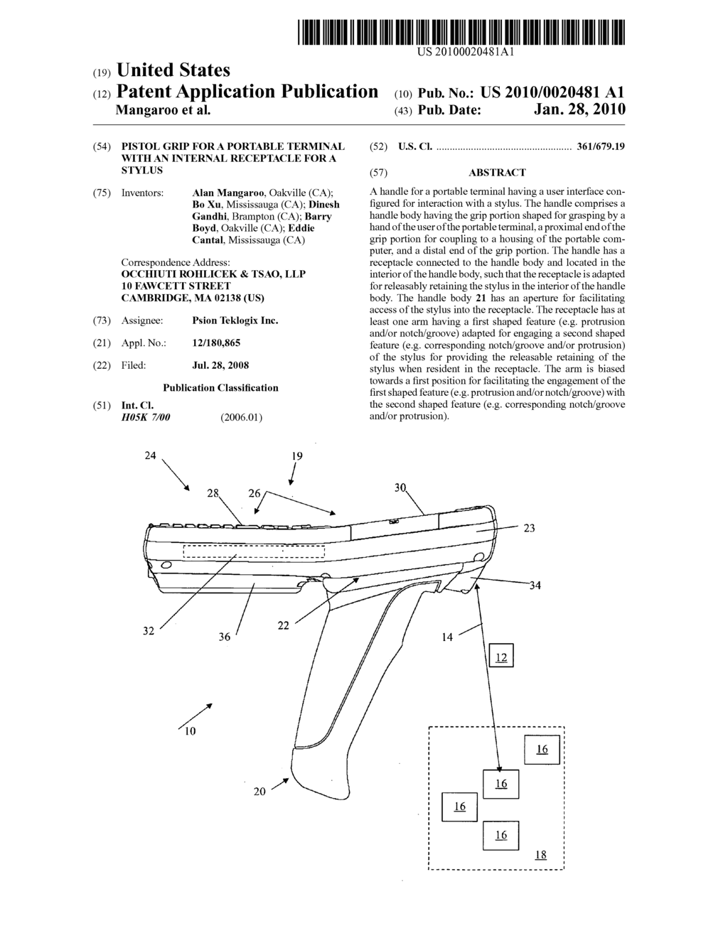 PISTOL GRIP FOR A PORTABLE TERMINAL WITH AN INTERNAL RECEPTACLE FOR A STYLUS - diagram, schematic, and image 01