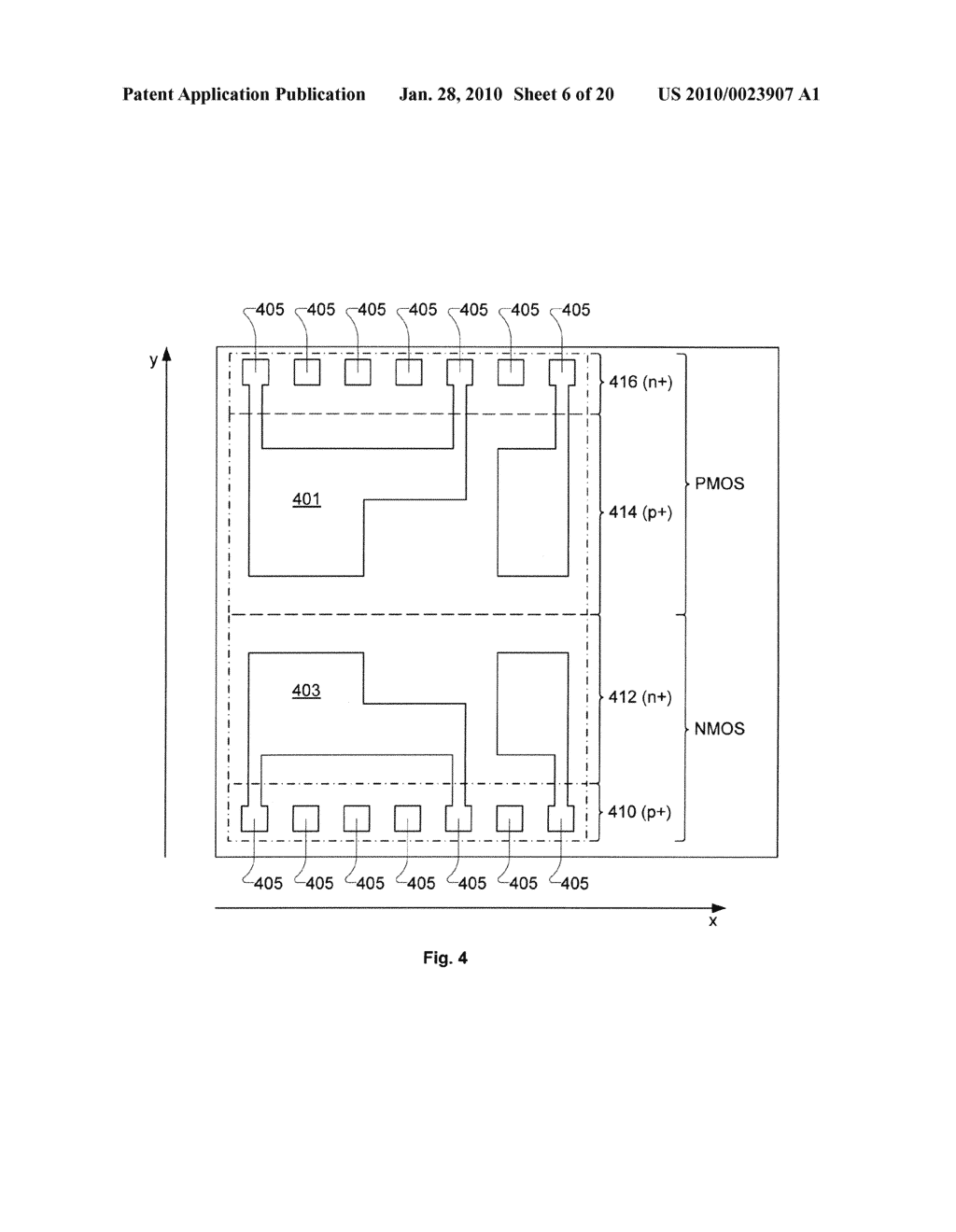 Layout of Cell of Semiconductor Device Having Linear Shaped Gate Electrode Layout Features Defined Along At Least Four Gate Electrode Tracks with Minimum End-to-End Spacing and Having Corresponding p-type and n-type Diffusion Regions Separated by Central Inactive Region - diagram, schematic, and image 07