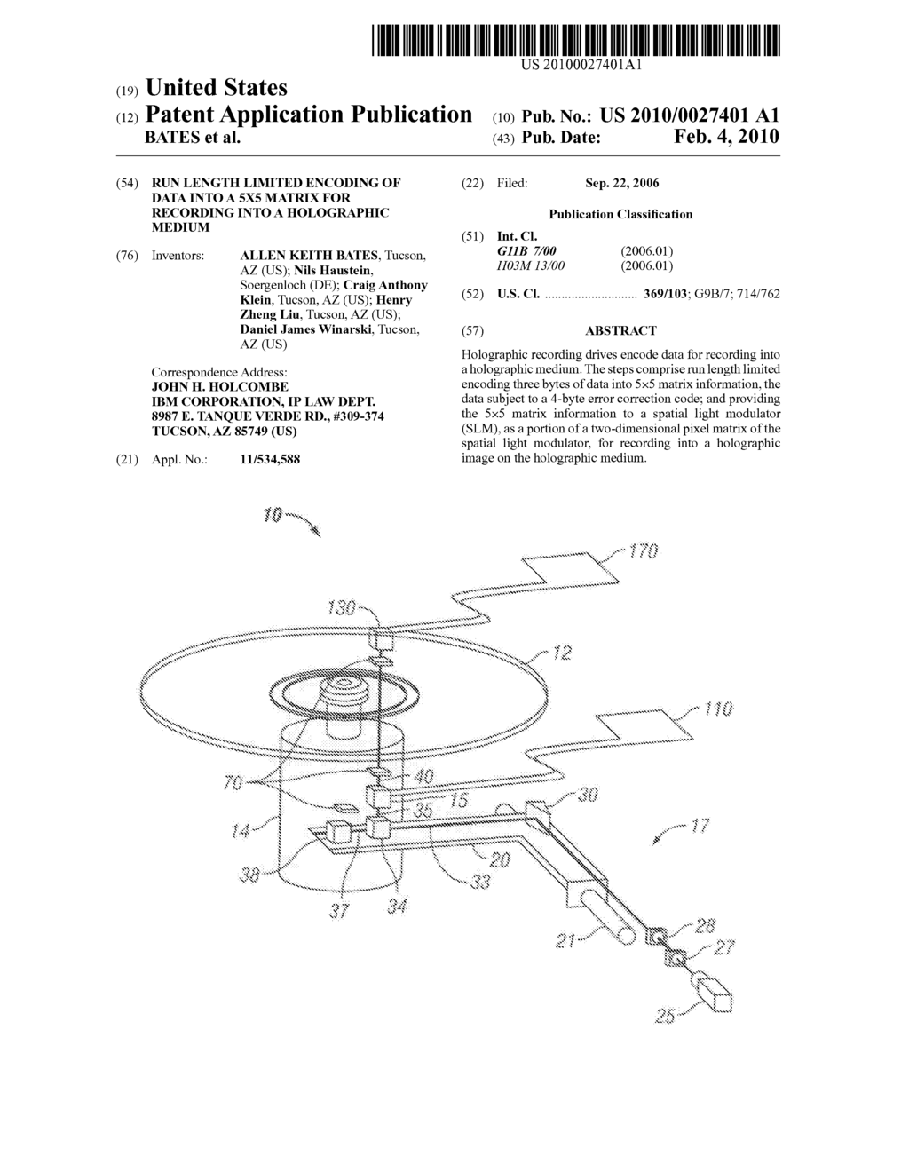 RUN LENGTH LIMITED ENCODING OF DATA INTO A 5X5 MATRIX FOR RECORDING INTO A HOLOGRAPHIC MEDIUM - diagram, schematic, and image 01