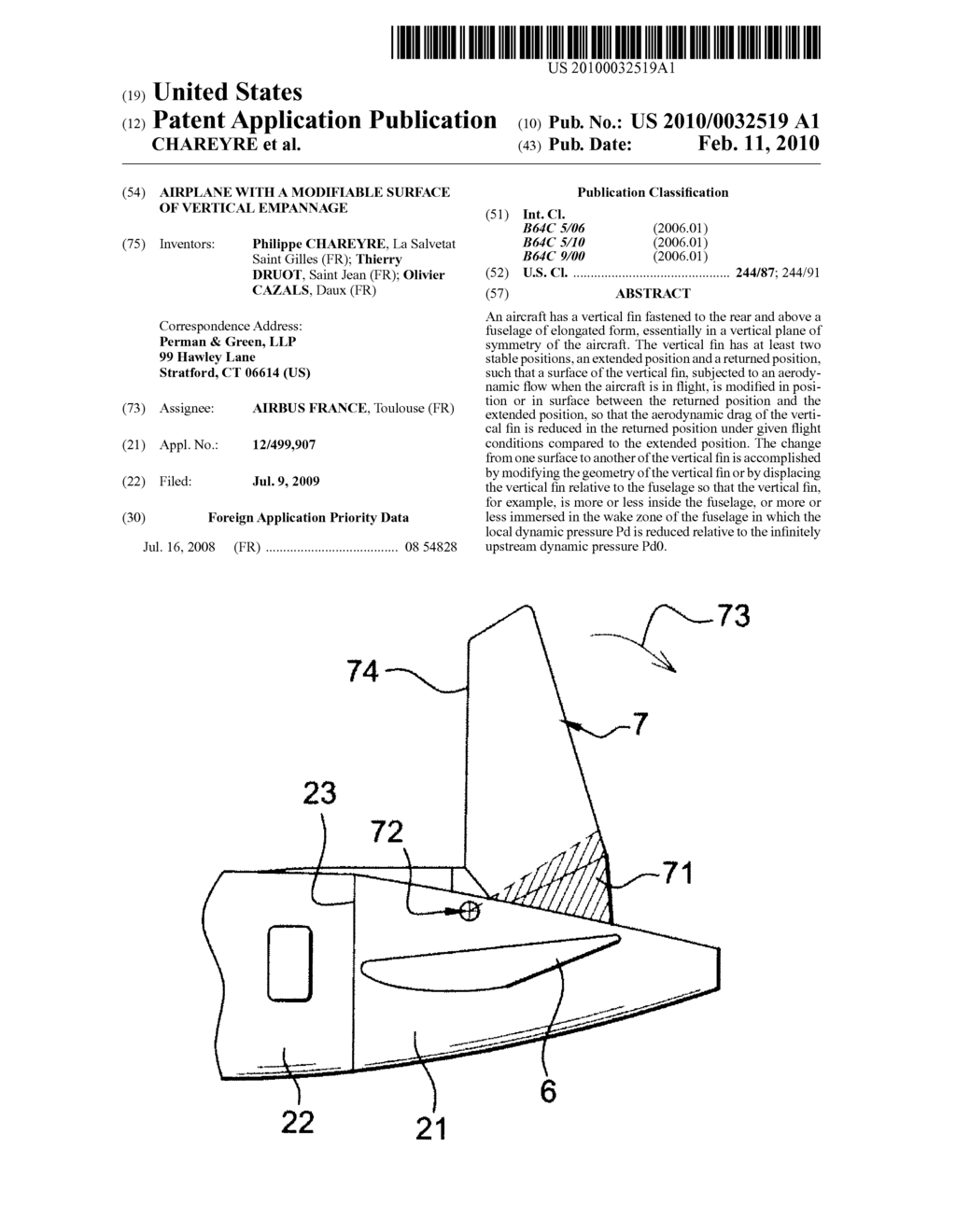 AIRPLANE WITH A MODIFIABLE SURFACE OF VERTICAL EMPANNAGE - diagram, schematic, and image 01