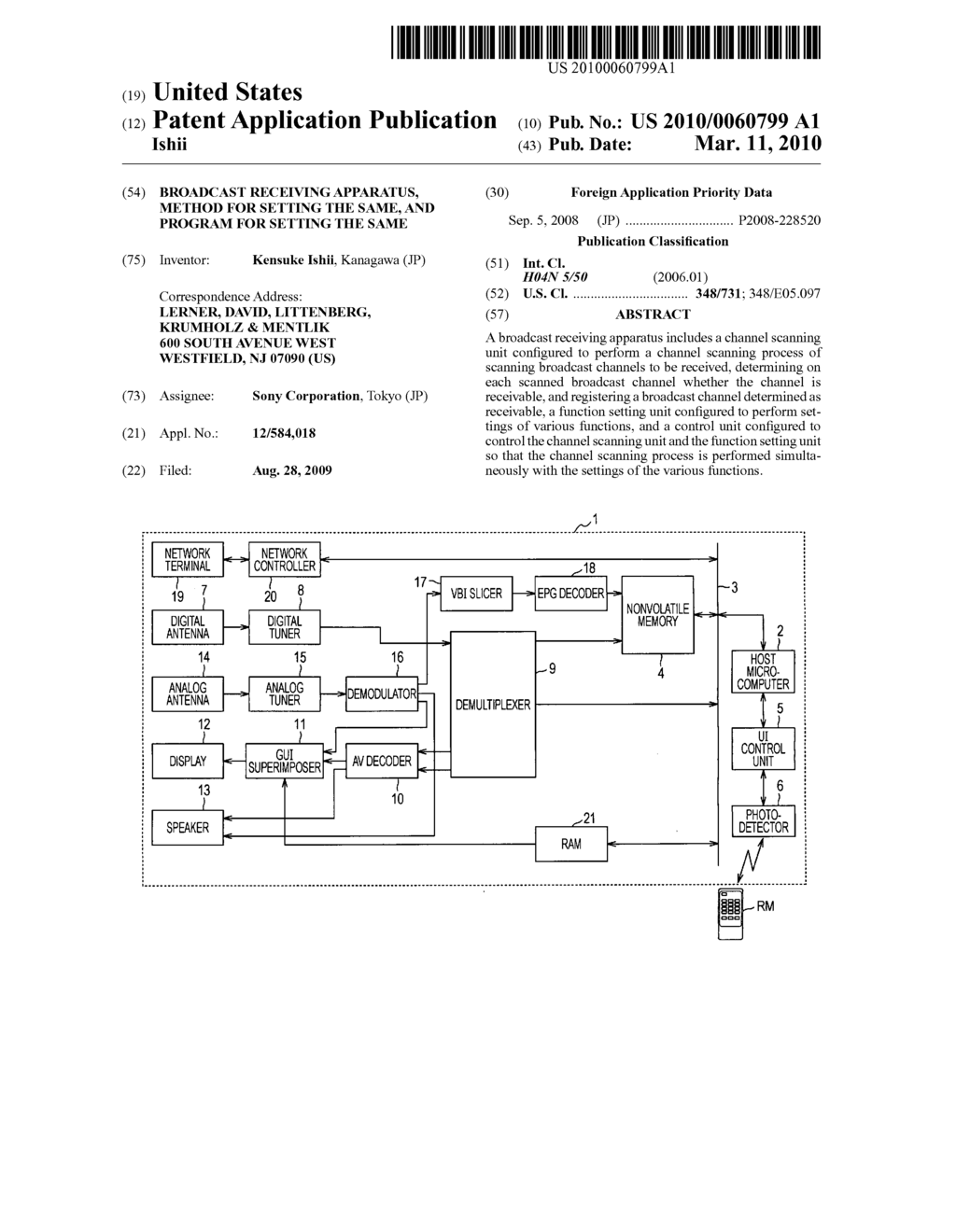 Broadcast receiving apparatus, method for setting the same, and program for setting the same - diagram, schematic, and image 01