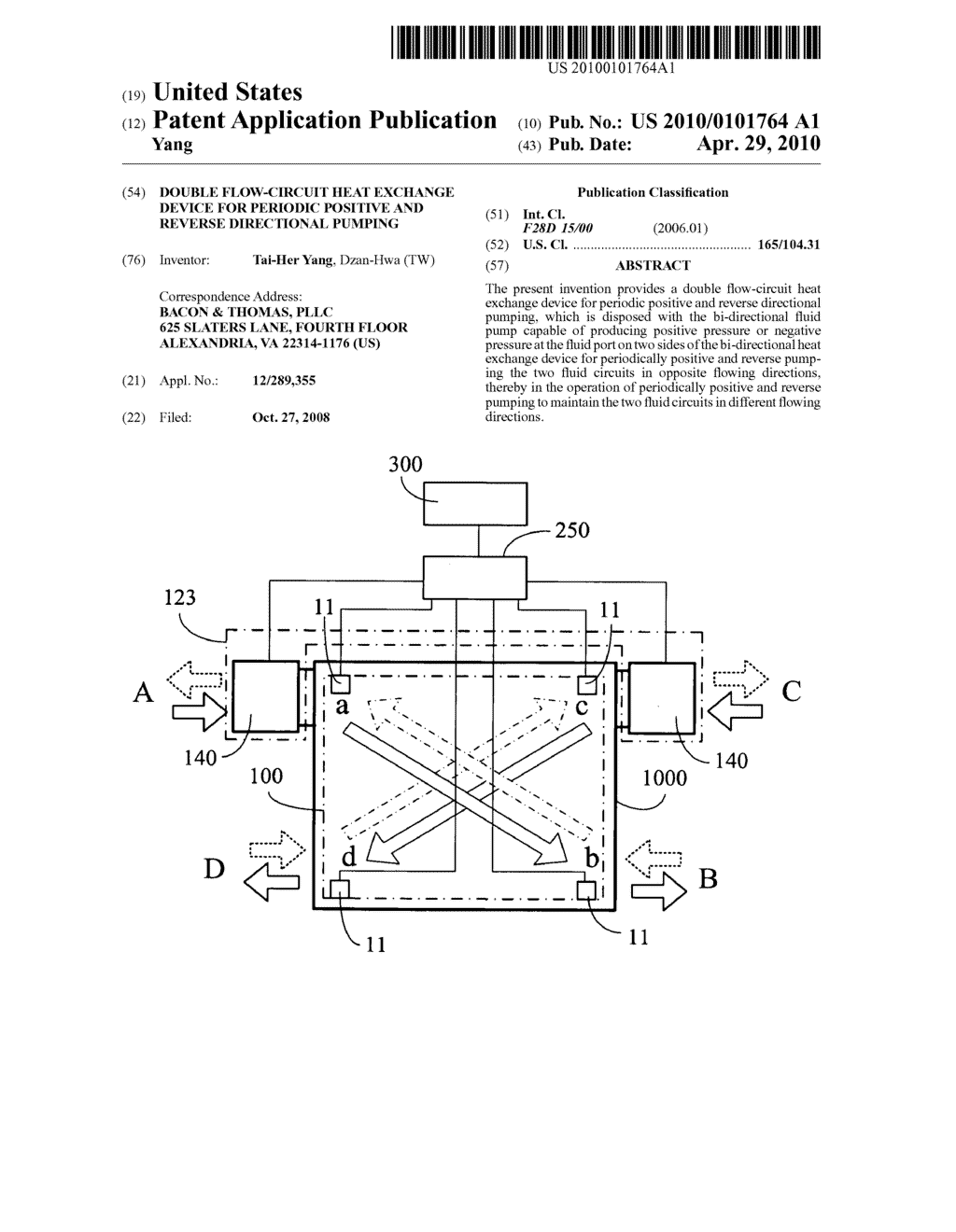 Double flow-circuit heat exchange device for periodic positive and reverse directional pumping - diagram, schematic, and image 01