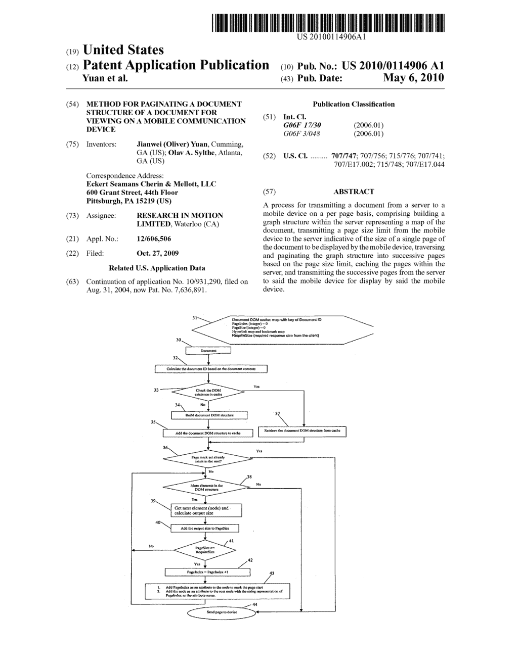 METHOD FOR PAGINATING A DOCUMENT STRUCTURE OF A DOCUMENT FOR VIEWING ON A MOBILE COMMUNICATION DEVICE - diagram, schematic, and image 01