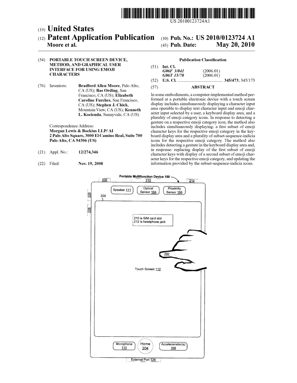 Portable Touch Screen Device, Method, and Graphical User Interface for Using Emoji Characters - diagram, schematic, and image 01