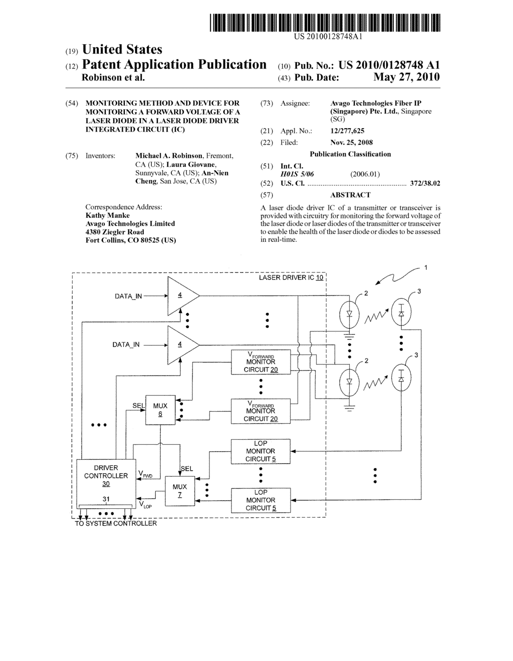 MONITORING METHOD AND DEVICE FOR MONITORING A FORWARD VOLTAGE OF A LASER DIODE IN A LASER DIODE DRIVER INTEGRATED CIRCUIT (IC) - diagram, schematic, and image 01