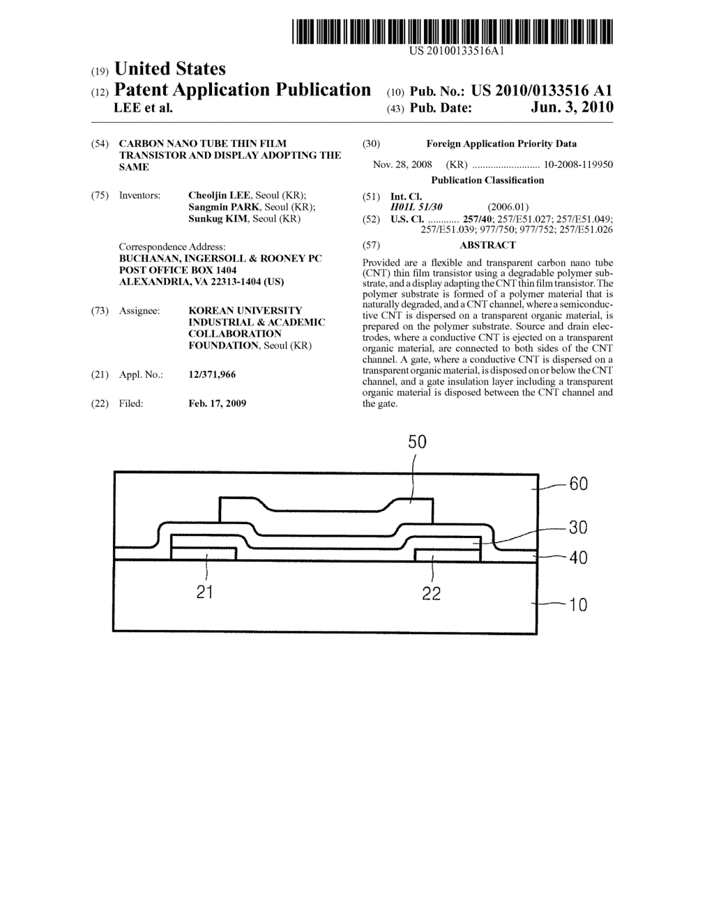 CARBON NANO TUBE THIN FILM TRANSISTOR AND DISPLAY ADOPTING THE SAME - diagram, schematic, and image 01