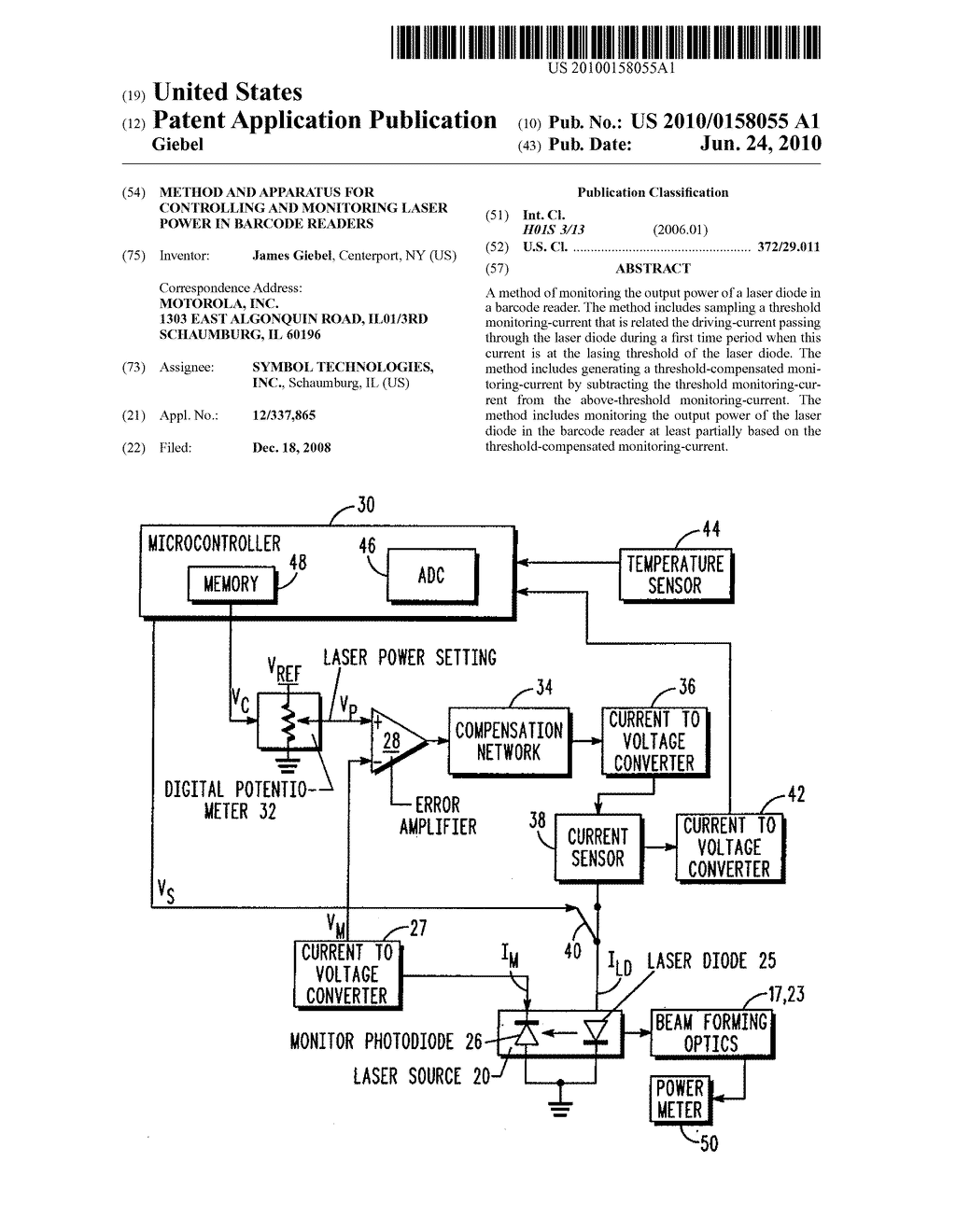 METHOD AND APPARATUS FOR CONTROLLING AND MONITORING LASER POWER IN BARCODE READERS - diagram, schematic, and image 01