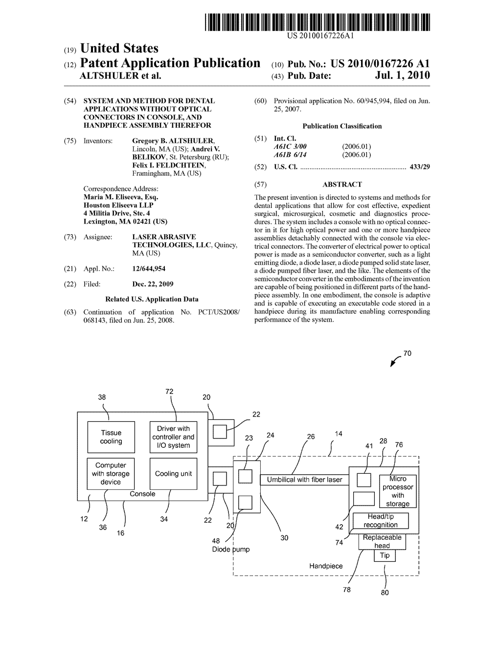 SYSTEM AND METHOD FOR DENTAL APPLICATIONS WITHOUT OPTICAL CONNECTORS IN CONSOLE, AND HANDPIECE ASSEMBLY THEREFOR - diagram, schematic, and image 01