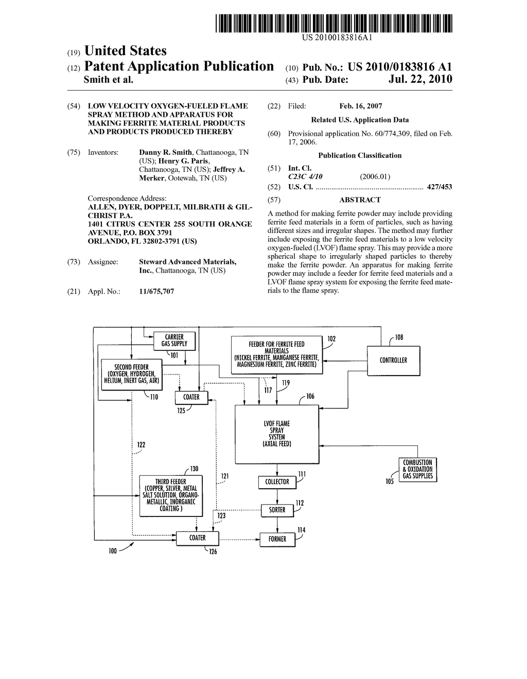 LOW VELOCITY OXYGEN-FUELED FLAME SPRAY METHOD AND APPARATUS FOR MAKING FERRITE MATERIAL PRODUCTS AND PRODUCTS PRODUCED THEREBY - diagram, schematic, and image 01