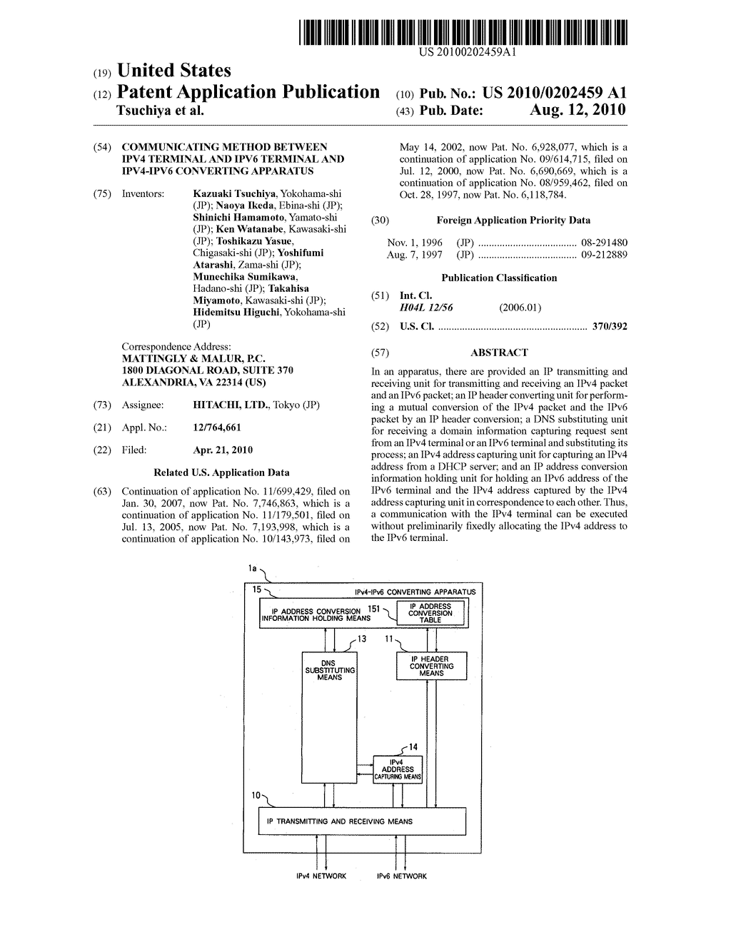 COMMUNICATING METHOD BETWEEN IPv4 TERMINAL AND IPv6 TERMINAL AND IPv4-IPv6 CONVERTING APPARATUS - diagram, schematic, and image 01