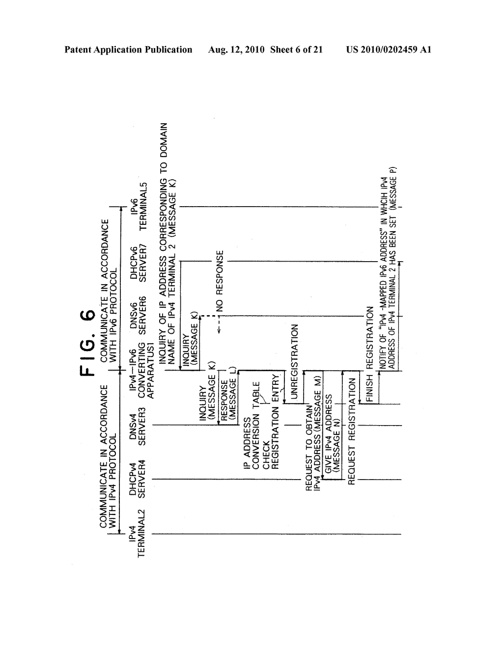 COMMUNICATING METHOD BETWEEN IPv4 TERMINAL AND IPv6 TERMINAL AND IPv4-IPv6 CONVERTING APPARATUS - diagram, schematic, and image 07
