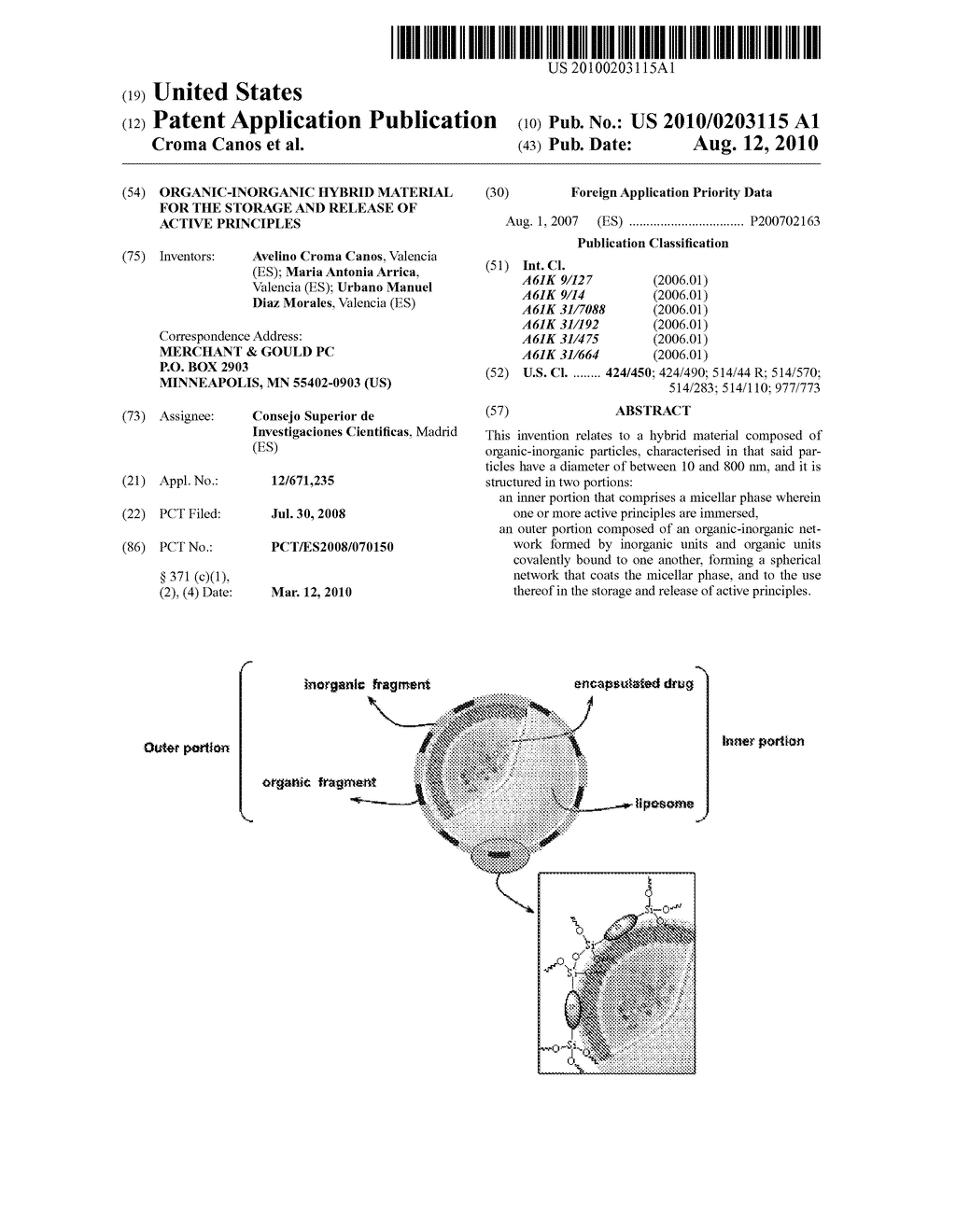 ORGANIC-INORGANIC HYBRID MATERIAL FOR THE STORAGE AND RELEASE OF ACTIVE PRINCIPLES - diagram, schematic, and image 01