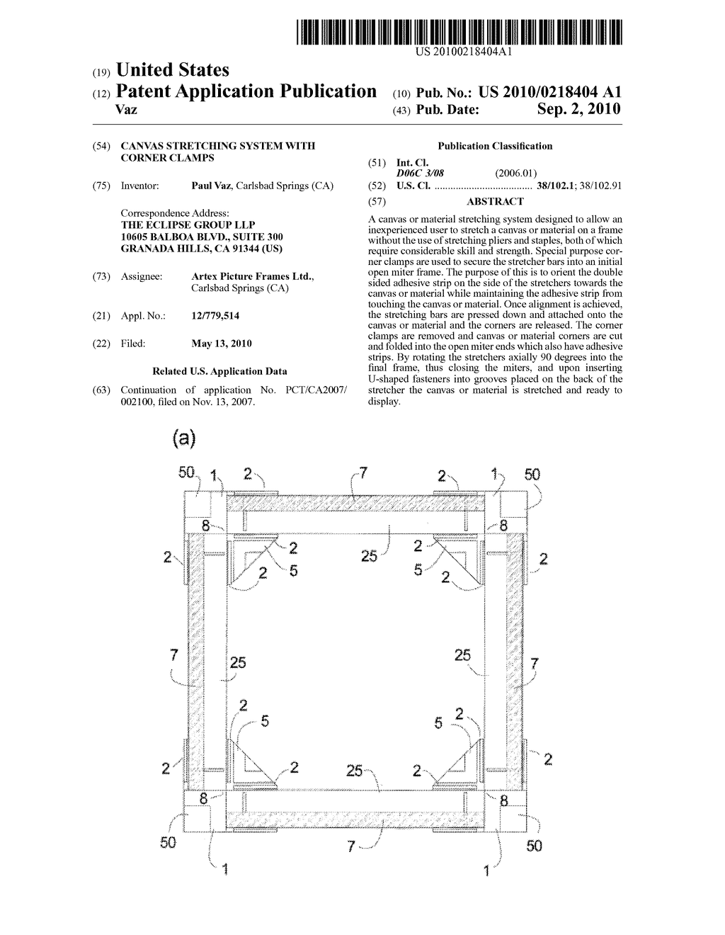 CANVAS STRETCHING SYSTEM WITH CORNER CLAMPS - diagram, schematic, and image 01