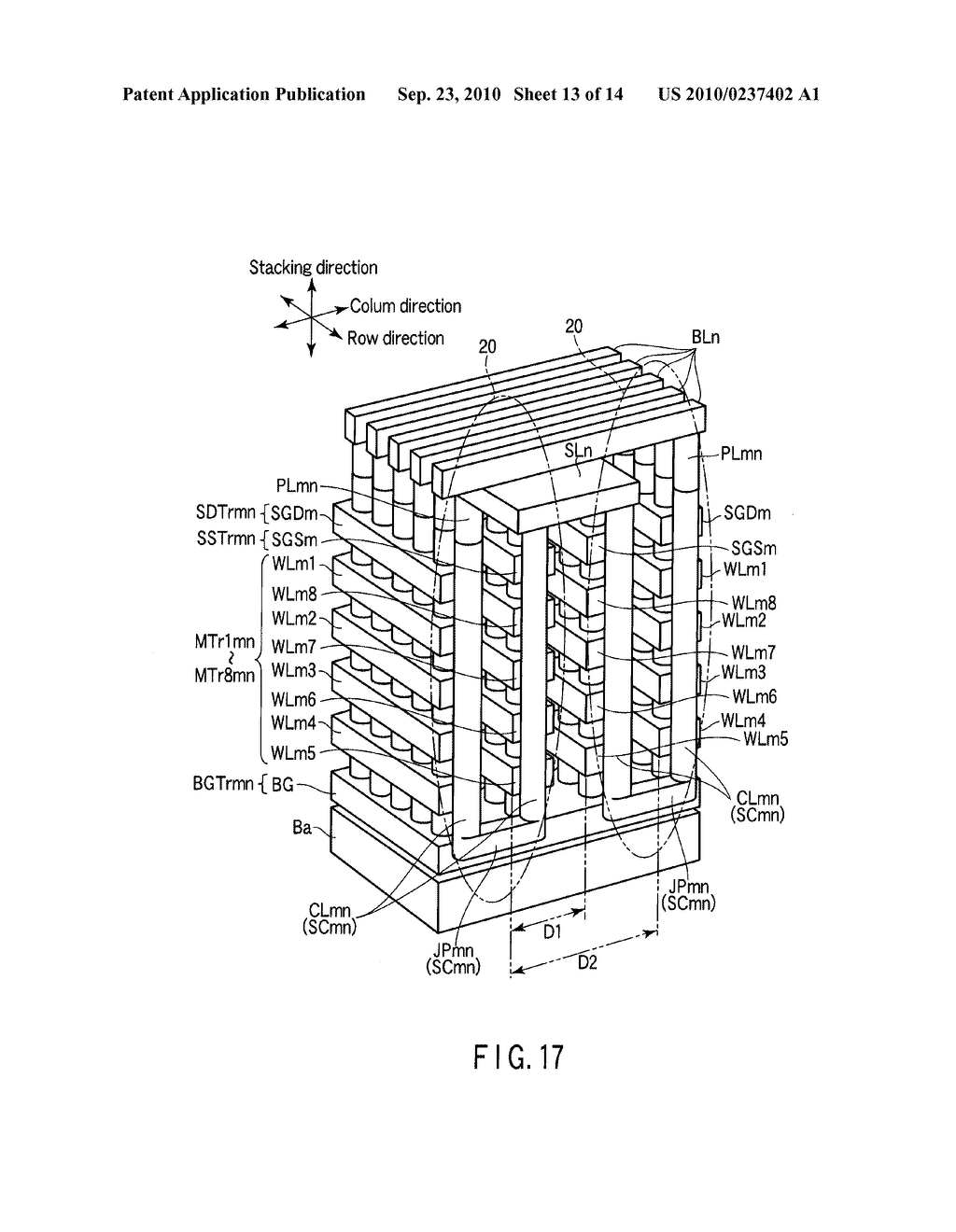 SEMICONDUCTOR MEMORY DEVICE HAVING THREE-DIMENSIONALLY ARRANGED MEMORY CELLS, AND MANUFACTURING METHOD THEREOF - diagram, schematic, and image 14