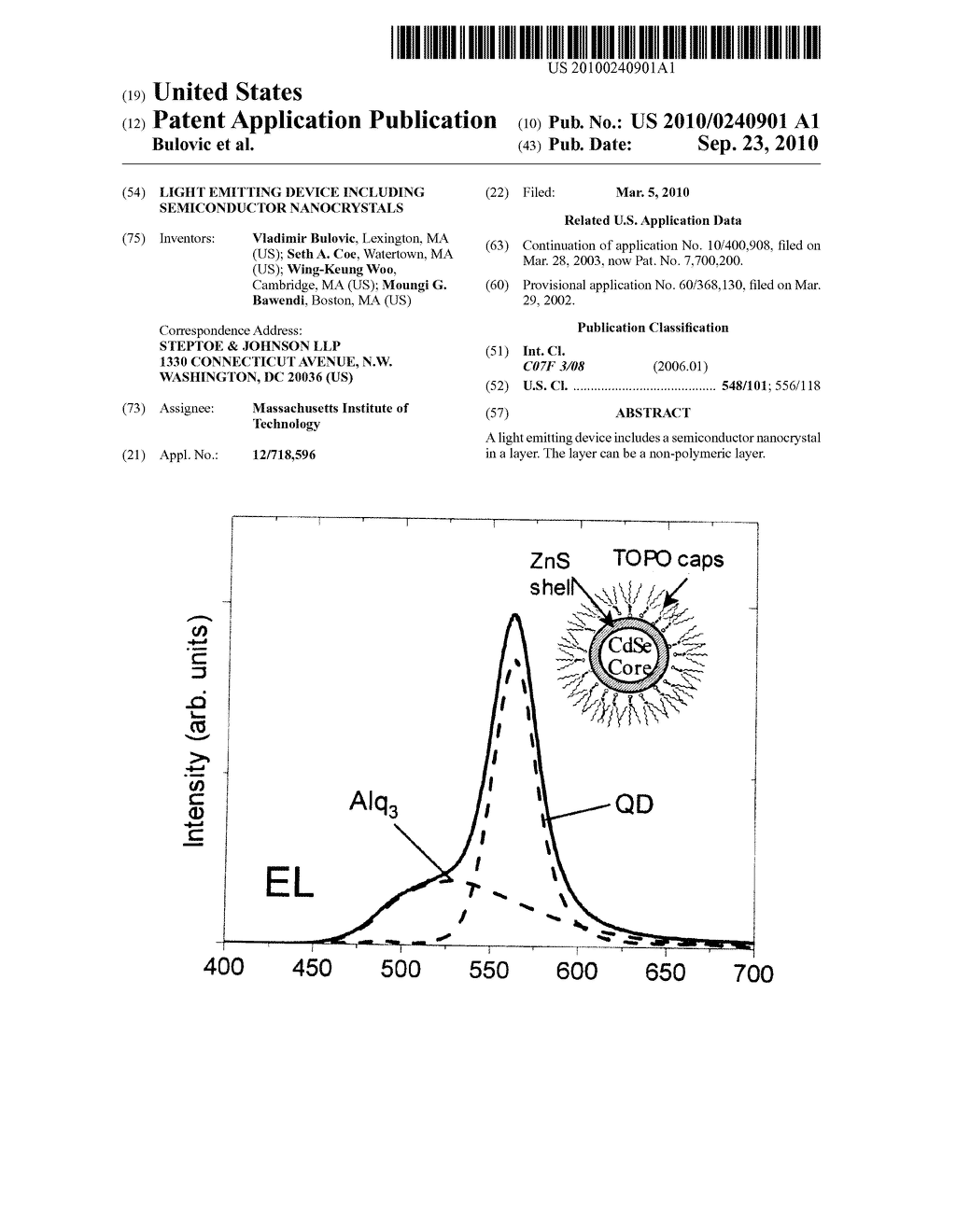 LIGHT EMITTING DEVICE INCLUDING SEMICONDUCTOR NANOCRYSTALS - diagram, schematic, and image 01