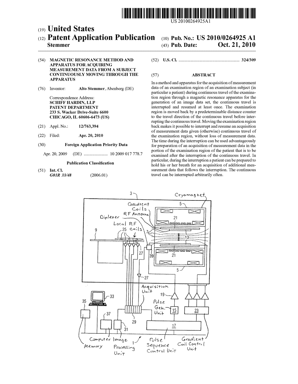 MAGNETIC RESONANCE METHOD AND APPARATUS FOR ACQUIRING MEASUREMENT DATA FROM A SUBJECT CONTINUOUSLY MOVING THROUGH THE APPARATUS - diagram, schematic, and image 01