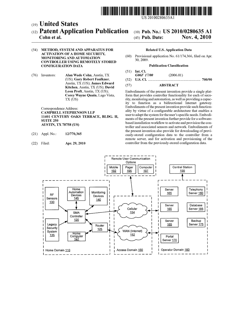 METHOD, SYSTEM AND APPARATUS FOR ACTIVATION OF A HOME SECURITY, MONITORING AND AUTOMATION CONTROLLER USING REMOTELY STORED CONFIGURATION DATA - diagram, schematic, and image 01