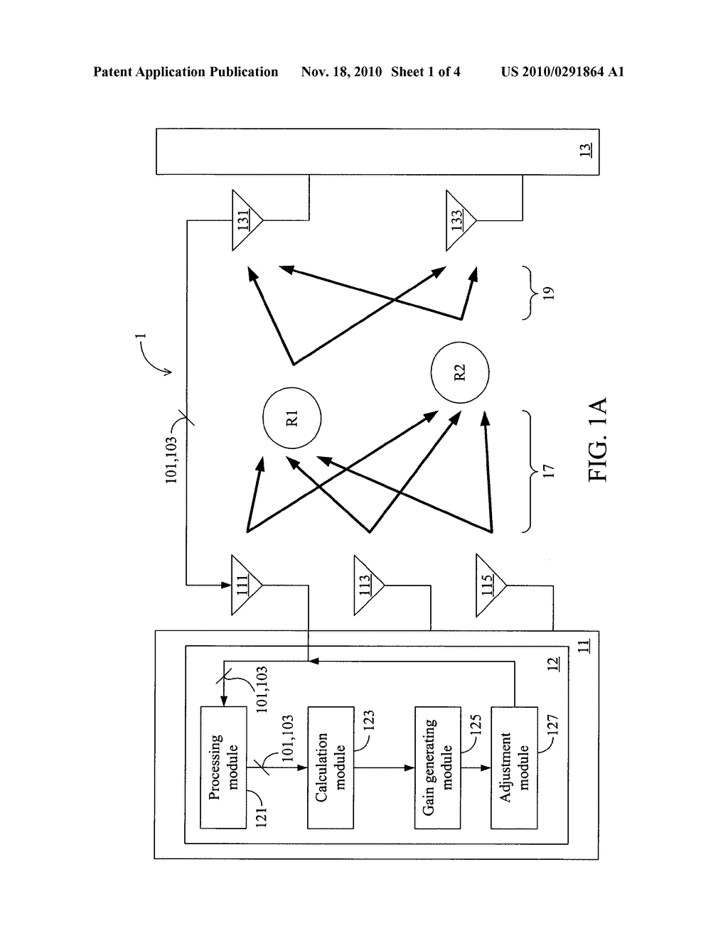 GAIN ADJUSTMENT APPARATUS, METHOD, AND TANGIBLE MACHINE-READABLE MEDIUM THEREOF FOR A MULTIPLE INPUT MULTIPLE OUTPUT WIRELESS COMMUNICATION SYSTEM - diagram, schematic, and image 02